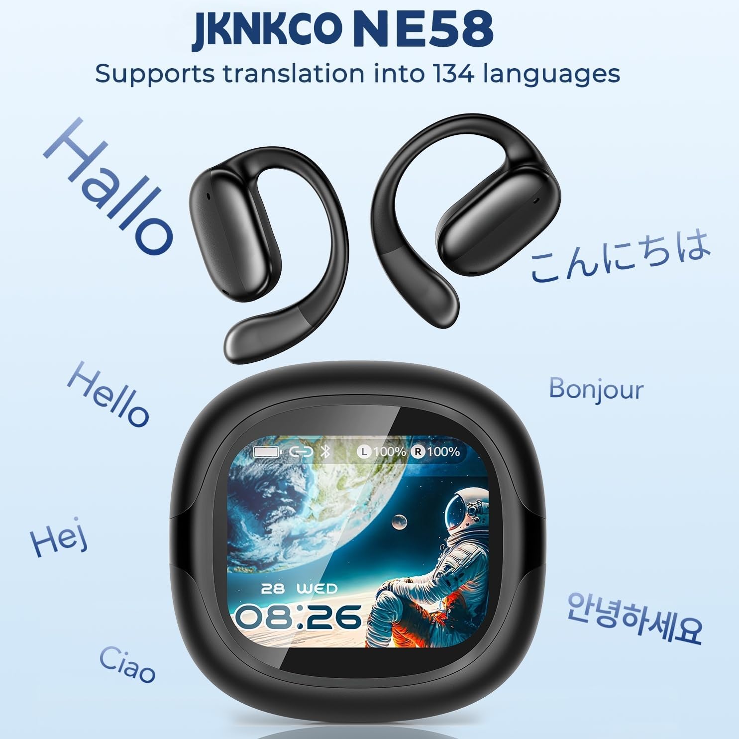 AI Translation Earbuds Real Time, 134 Language Translator NE58 Wireless Bluetooth 6.0 Open Ear Earbuds, LED Touch Screen, Noise Cancelling Translate Ear Buds for Travel & Business Meetings, White