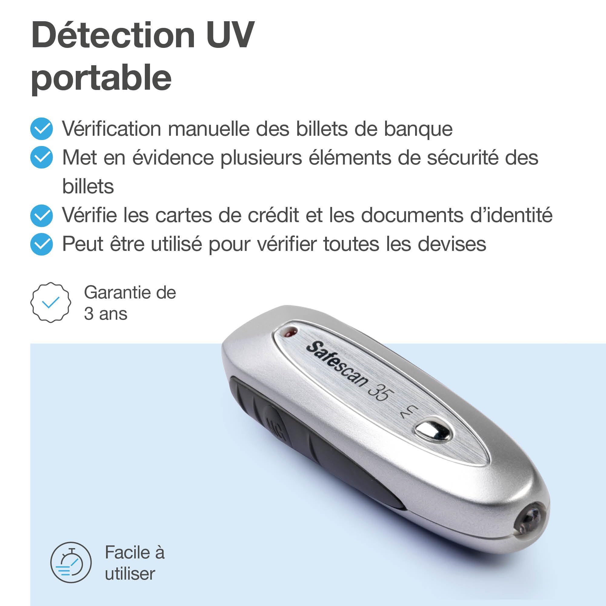 Safescan 35 détecteur de faux billets portable afin de vérifier les billets, cartes bancaires et ID - Détecteur UV pour les nouveaux billets - Détecteur lampe UV - Vérificateur UV