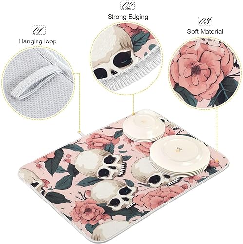 Miniatura 4 de Reversible Dish Drying Mats, Funny Skulls Pink Flowers Microfiber Coffee Bar Mat, Quick Drying Dish Drying Rack Mat Countertop Protector Mat, 16 x