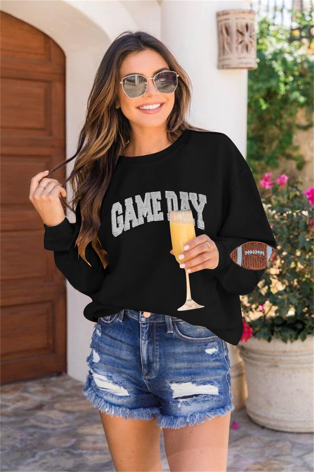 Game Day Sweatshirt for Women Sequin Football Long Sleeve Shirt Crew Neck Sunday Funday Pullover Tops - Image 4
