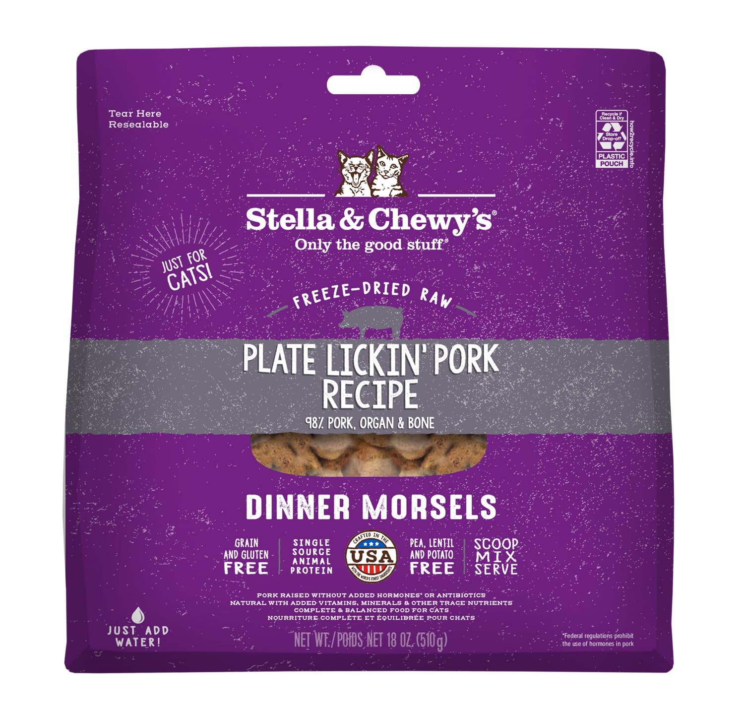 Stella & Chewy's Freeze-Dried Raw Cat Dinner Morsels - Premium Pork Recipe with 98% Responsibly-Sourced Meat & Organs - Natural Grain-Free Cat & Kitten Food - Made in USA - 18 oz