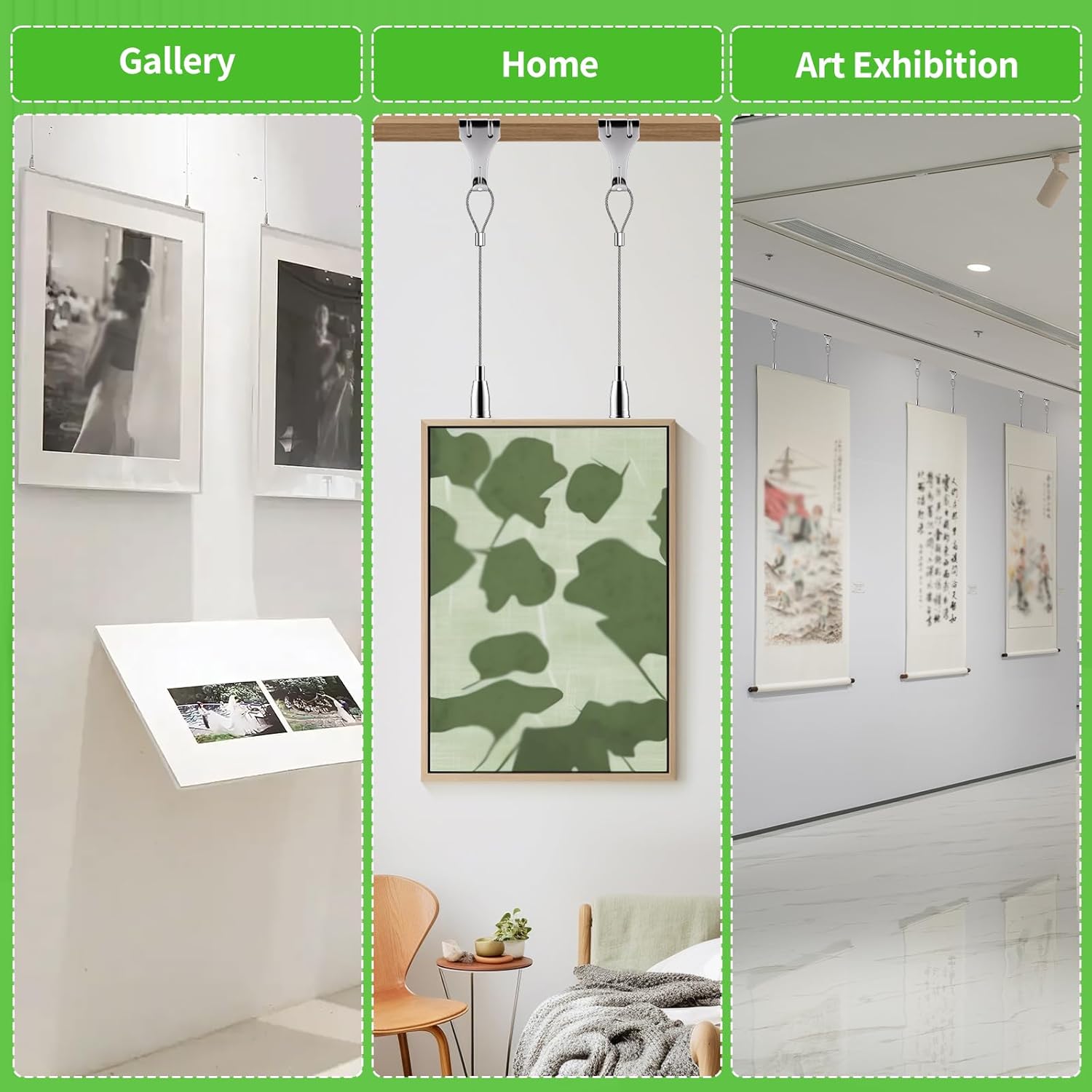 Adjustable Picture Hanging Wire Kit Picture Rail Hanging System Sturdy Gallery Display Rail Rope with 3 Hooks for Exhibition Art Gallery Frames Display (6.56 FT, 3 Hooks, 16)