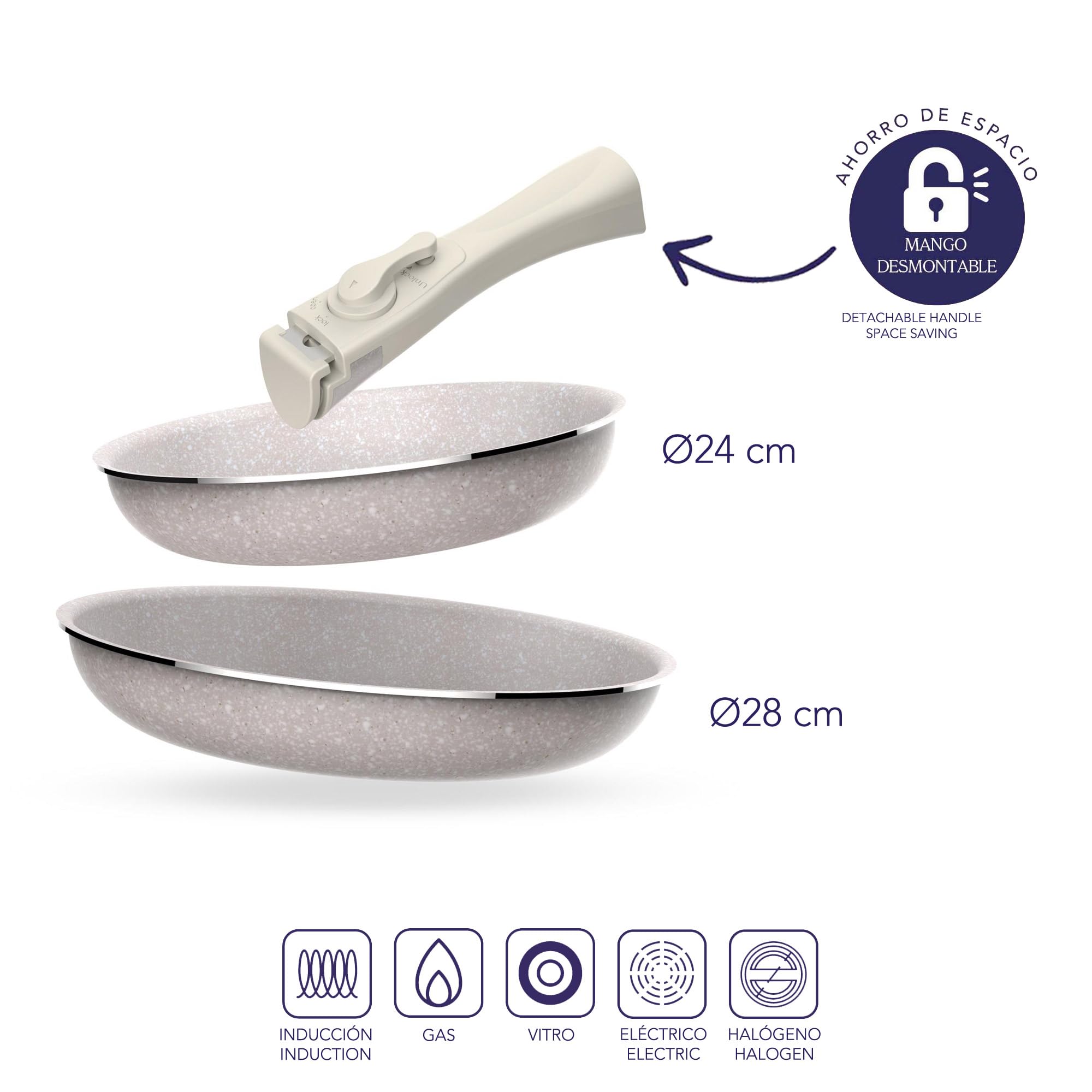Juego de 5 pcs: 2 Sartenes Ø24Ø28cm y 3 Cacerolas Ø16Ø18Ø20cm en aluminio prensado con revestimiento ILAG con 2 mangos extraibles