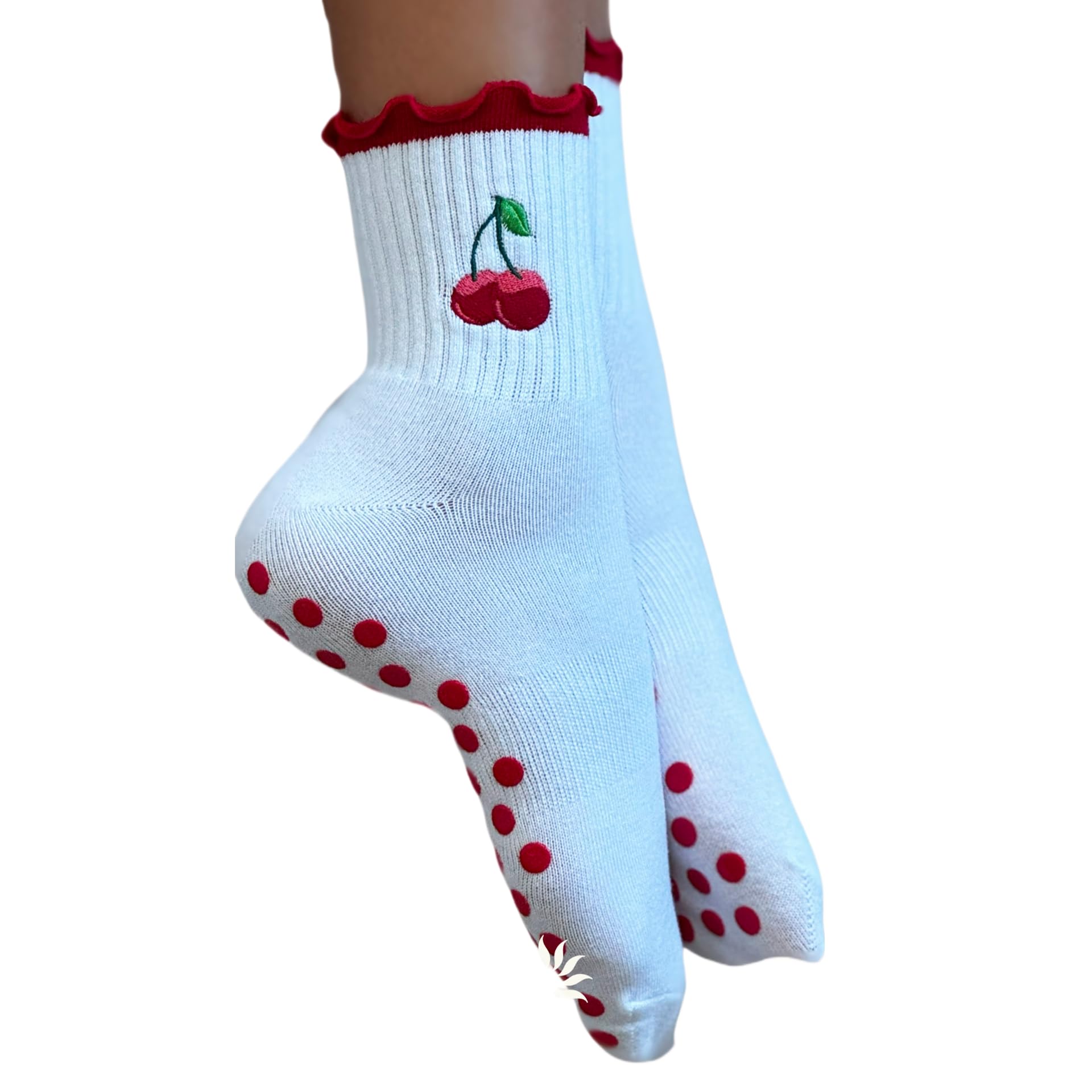 Non-Slip Pilates Socks with Grips for Women | Cute Grip Socks for Yoga Ballet Barefoot Workout | Design Anti Skid Athletic Socks | Set of 1| Size 5-9 US Womens | Cherry Quarter Fit Ruffles