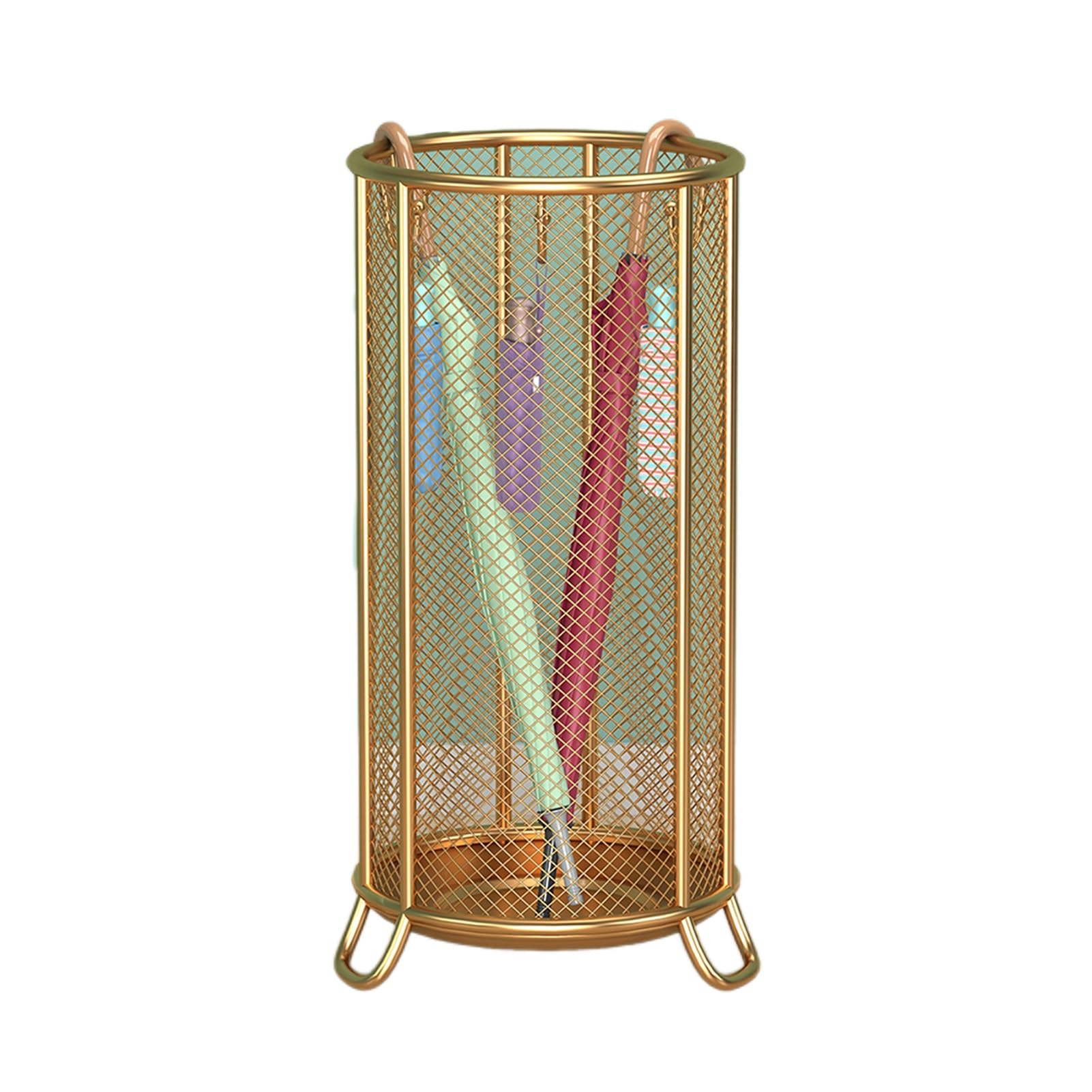 Porte-parapluies en fer forgé doré de grande capacité avec bac d'égouttage intégré