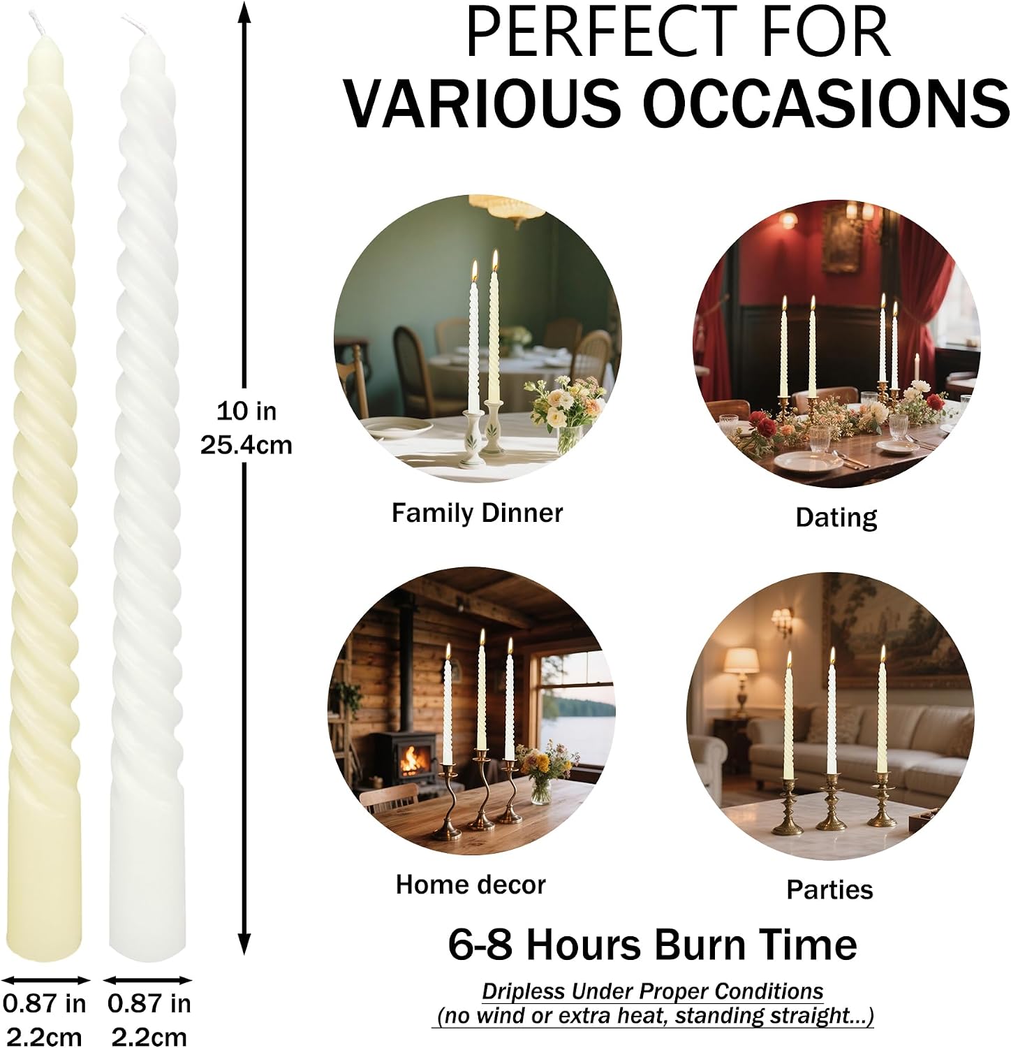 10 Inch White and Pale Yellow Spiral Taper Candle Set, 10 Pack Unscented Dripless Candlesticks for Dinner Baby Shower Party Brithday Wedding and Home Decoration