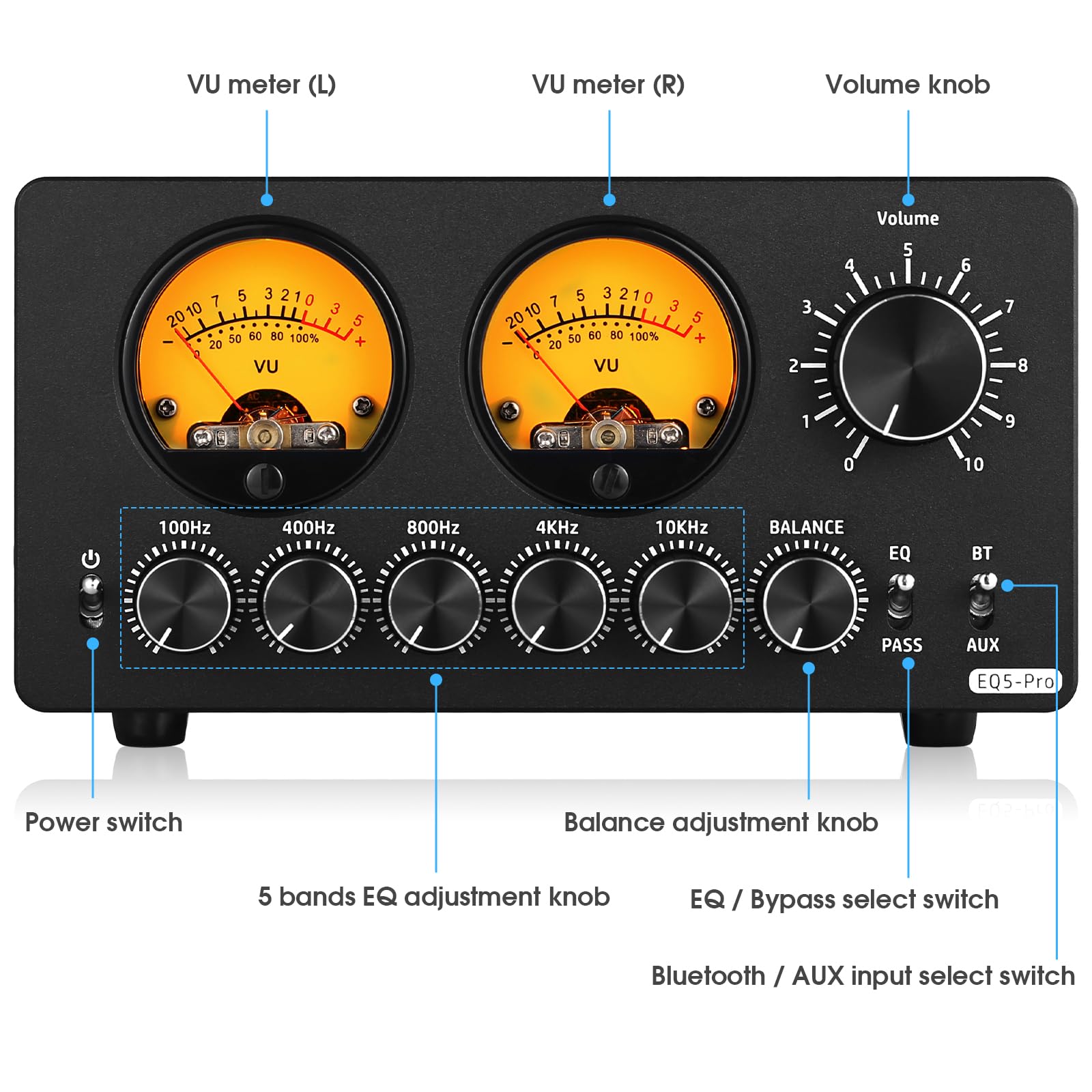 Preamplificador De Audio, Ecualizador EQ De 5 Bandas con Medidor VU, Perilla De Control Independiente, Decora Dinámicamente El Entorno De Audio, Brindando Más Efectos Visuales Y Auditivos.