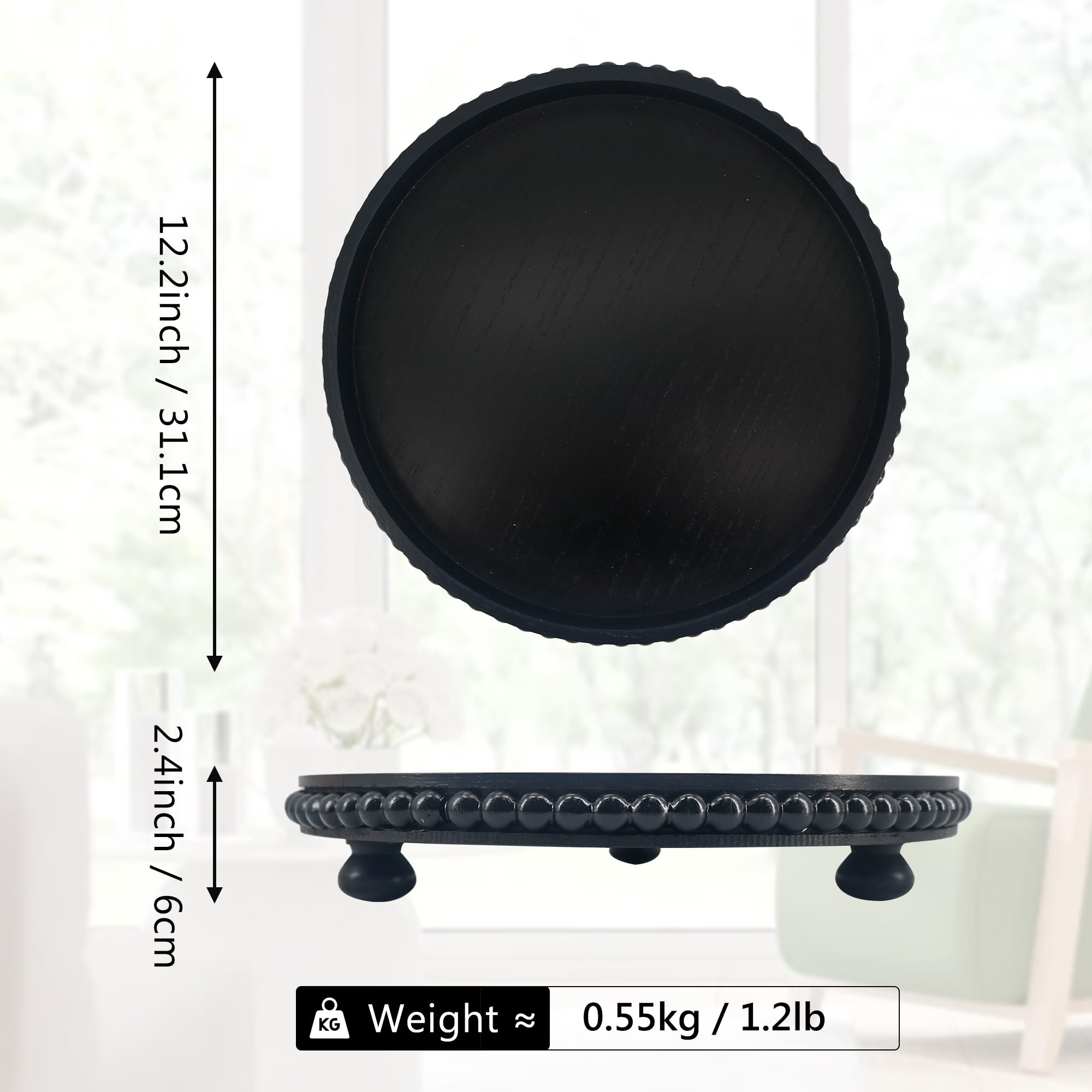 GMFrames Round Decorative Tray Coffee Table Tray with Wood Beaded,Rustic Centerpiece Serving Tray for Farmhouse Kitchen Decor,Bathroom Organizer Black - Image 2