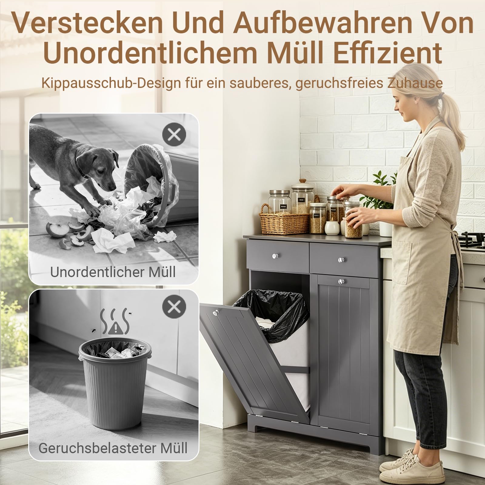 SoBuy Mülleimer Schrank mit 2 Fächern à 45L Mülltrennsystem Grau für Küche | Küchenschrank aus E1 MDF für Mülltrennung mit 2 Schubladen, Müllschrank BZR33-II-DG
