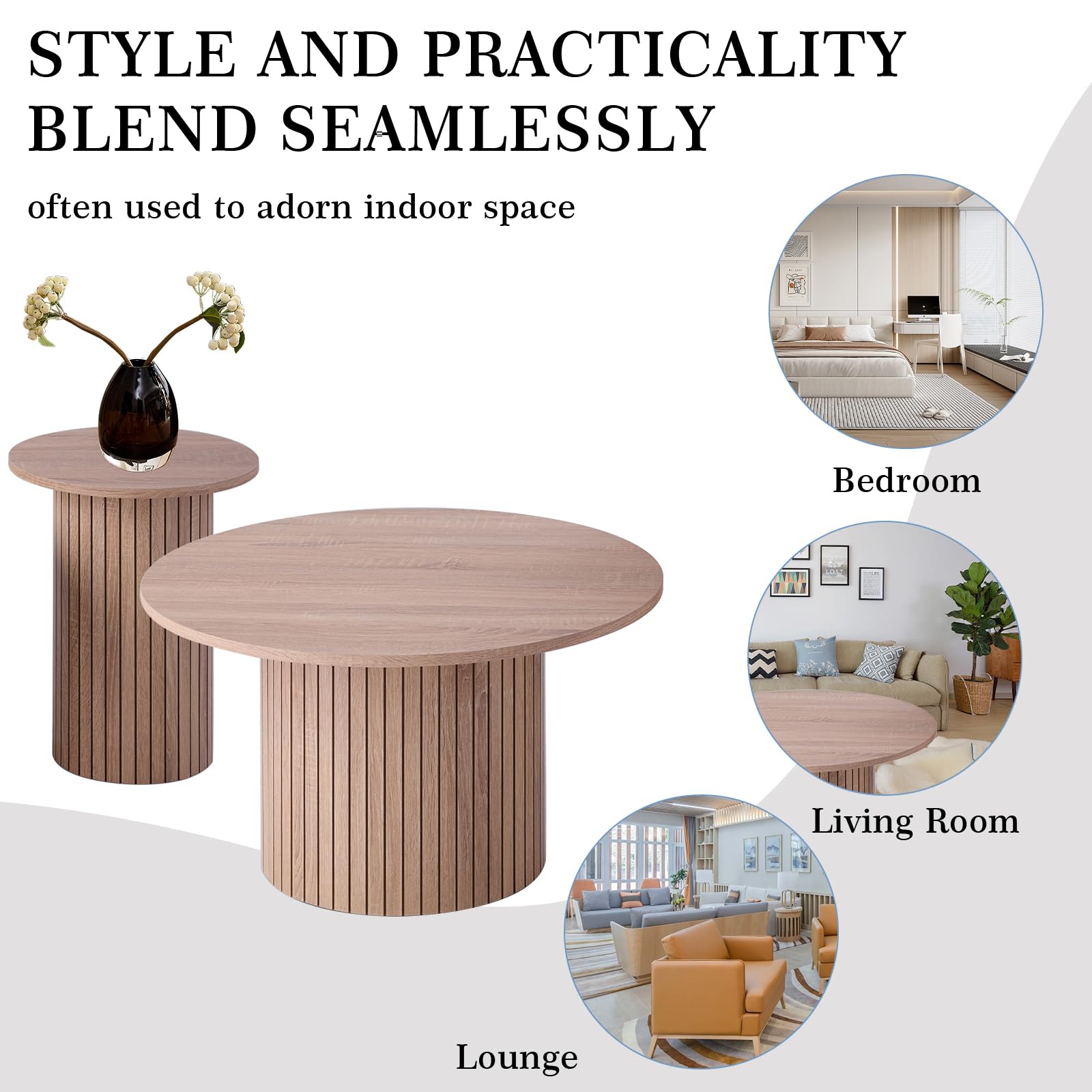 Juego 2 Mesas de Centro Redondas Apilables, Madera Clara | Tablero MDF con Textura de Madera Natural, Fácil Limpieza, Base Cilíndrica Estable, Para Salón, Dormitorio y Cafetería