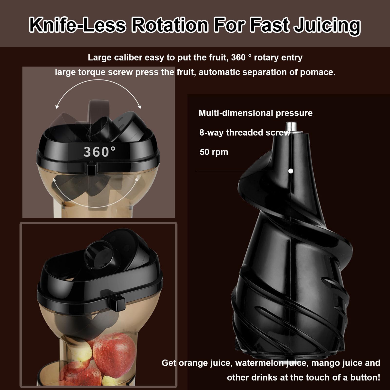 Estrattore di Succo A Masticazione Lenta da 150 W, Tecnologia di Spremitura A Freddo A 50 Giri/Min, Separazione Automatica di Succo E Polpa, Ampio Condotto, Funzione avanti/Indietro