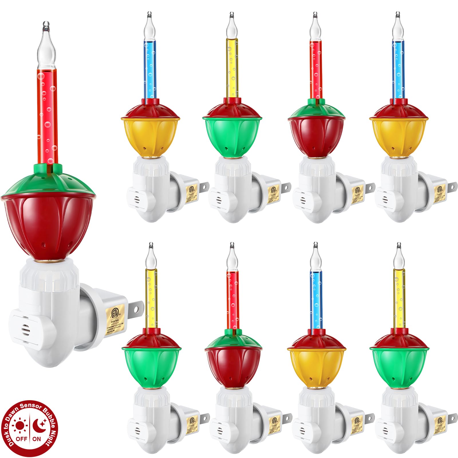 Feekoon 9 Pack Christmas Bubble Night Light with Dusk to Dawn Sensor, Traditional Multi Color Bubble Fluid Lights, Christmas Bubble Night Light Plug into Wall for Home Bedroom Party Wall Decor