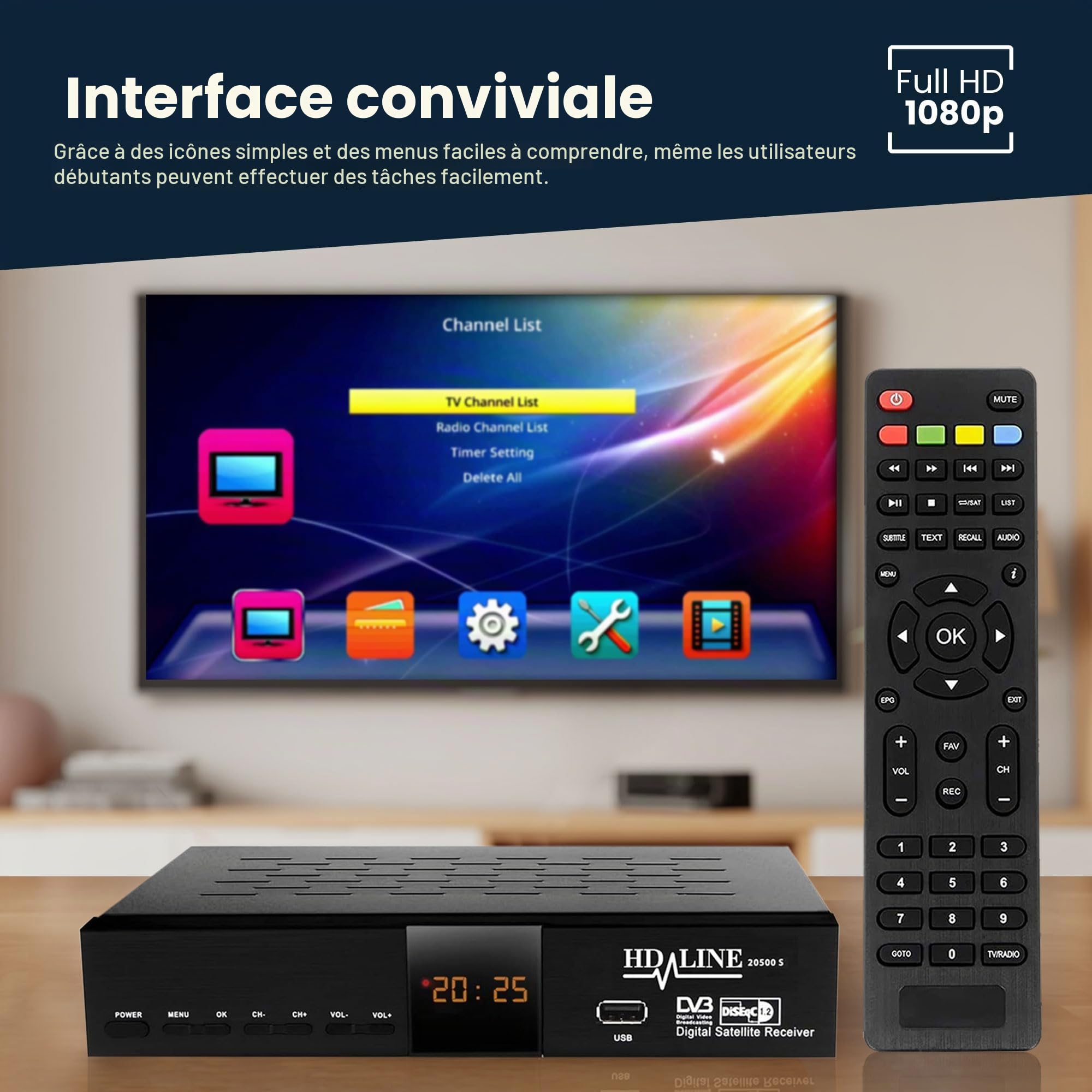 Hd-line 20500 Digitaler Satelliten HD Receiver (DVB-S/DVB-S2, HDMI, AV, 2X USB 2.0, Full HD 1080p, Digital Audio Out) [Vorprogrammiert für Astra, Hotbird und Türksat]