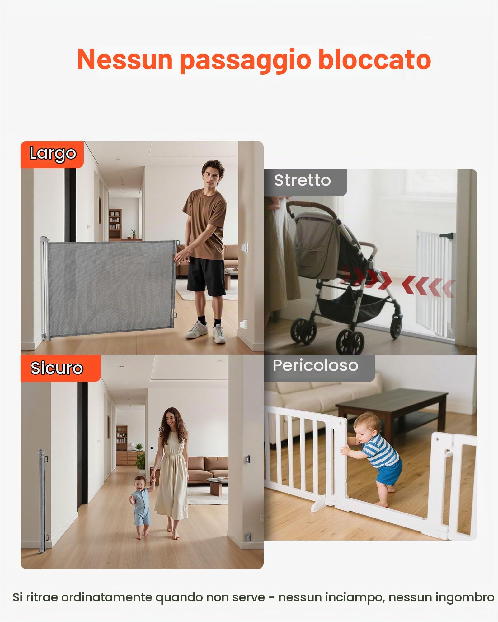 VEVOR Cancelletto Retrattile, Installazione Interna 1450 mm di Larghezza, 980 mm di Altezza, con Strisce in Fibra di Vetro Rinforzata, Impedisce che Si Infilino, Cancelletto in Rete per Cani, Grigio