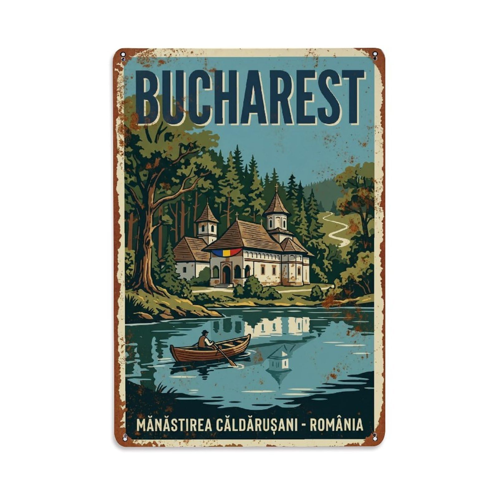 Vintage Travel Bucharest Caldarusani Monastery Forest Romania Metal Tin Sign Plaque Wall Decor for Cafe, Club Bar, Office, Home Garden Metal Poster 8x12Inch