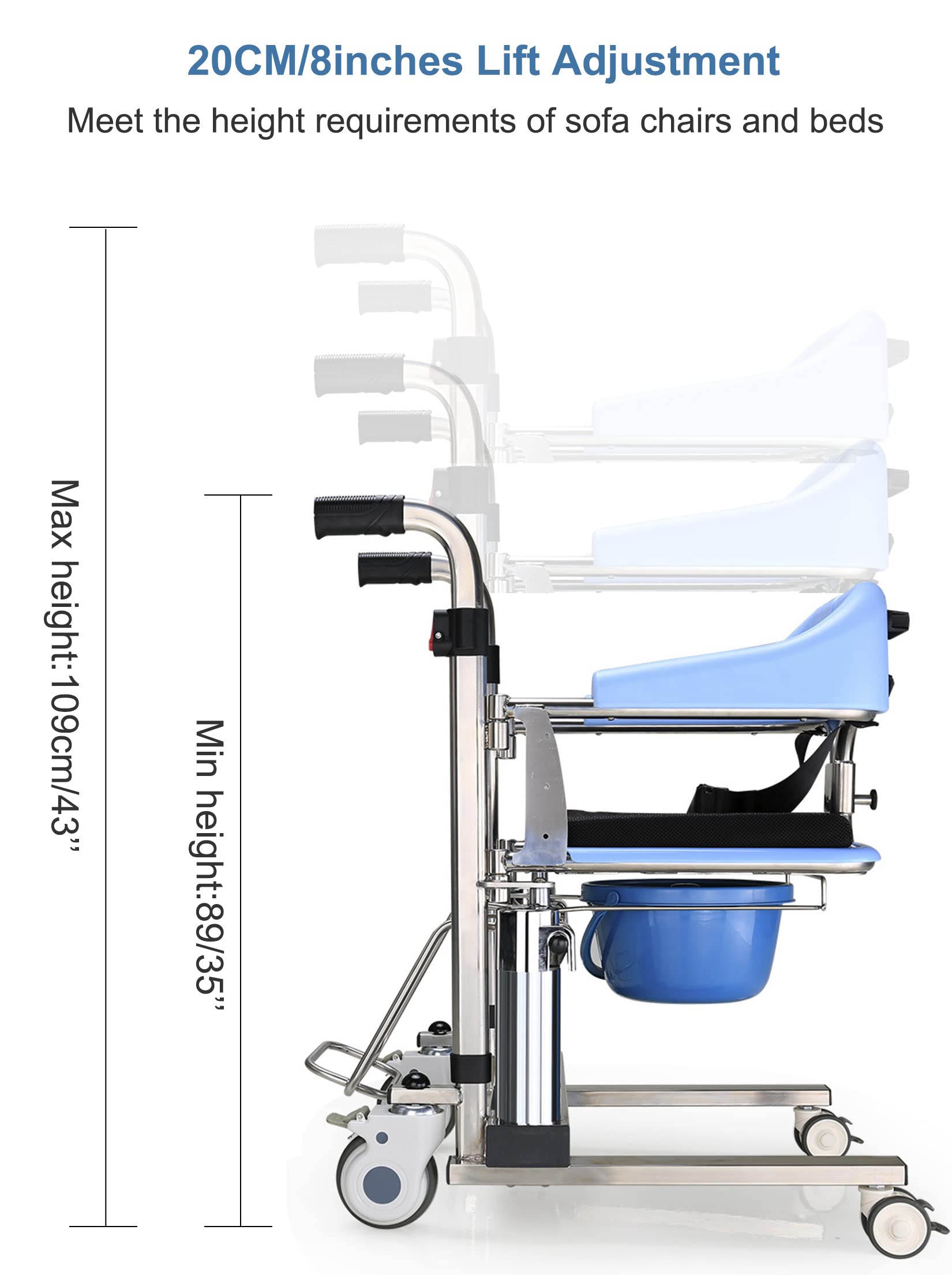 BOTOWI Elevador Hidráulico Doble para Pacientes, Silla de Transferencia Corporal, Silla de Ducha de Altura Ajustable con Cómoda, Silla de Ruedas de Transferencia para Personas Mayores