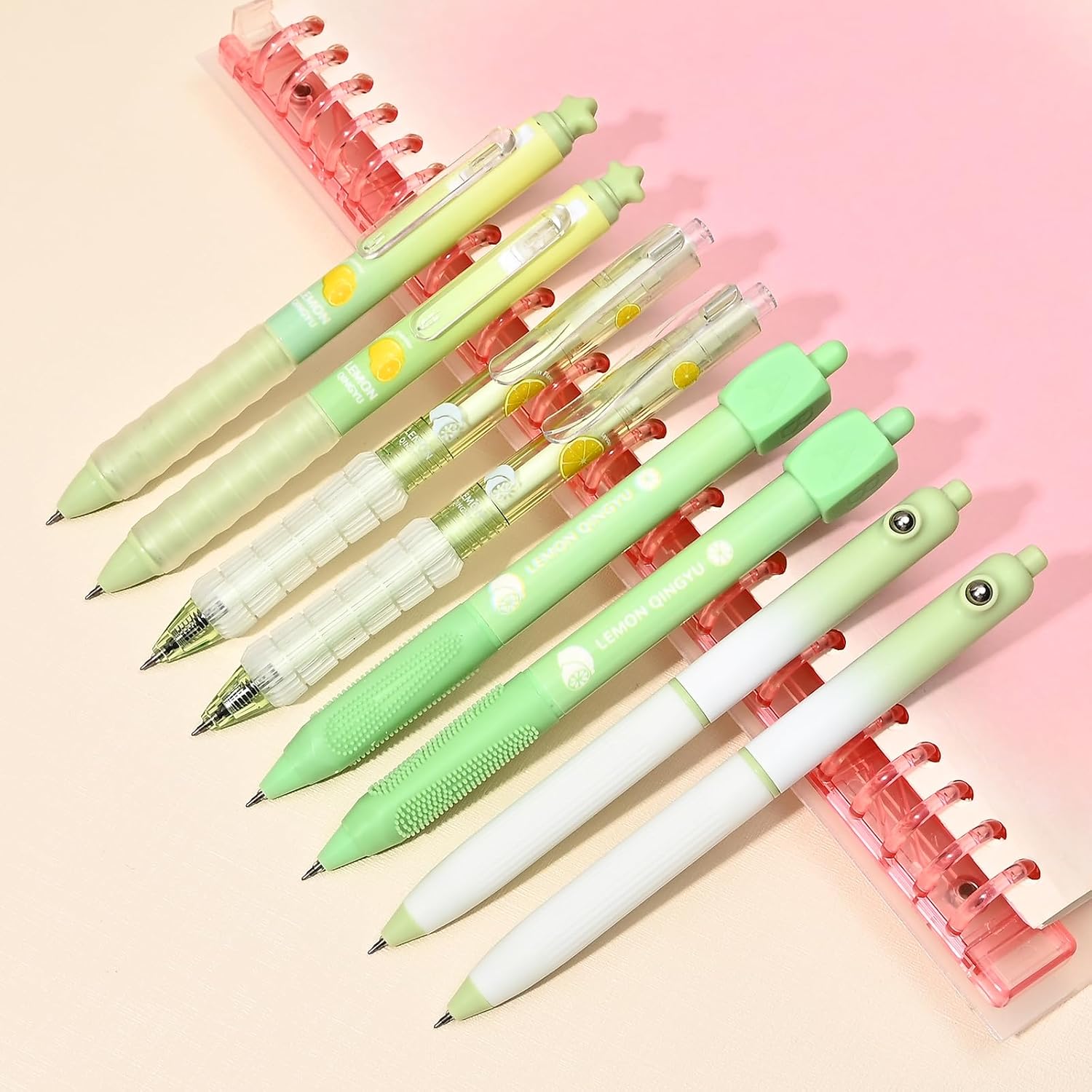 BAYTORY 8Pcs Cute Stationery Gel Pens, Retractable Fine Point Pen, 0.5mm Quick-dry Black Ink, Smooth Writing No Bleed for Journaling (Green Pen Shafts)
