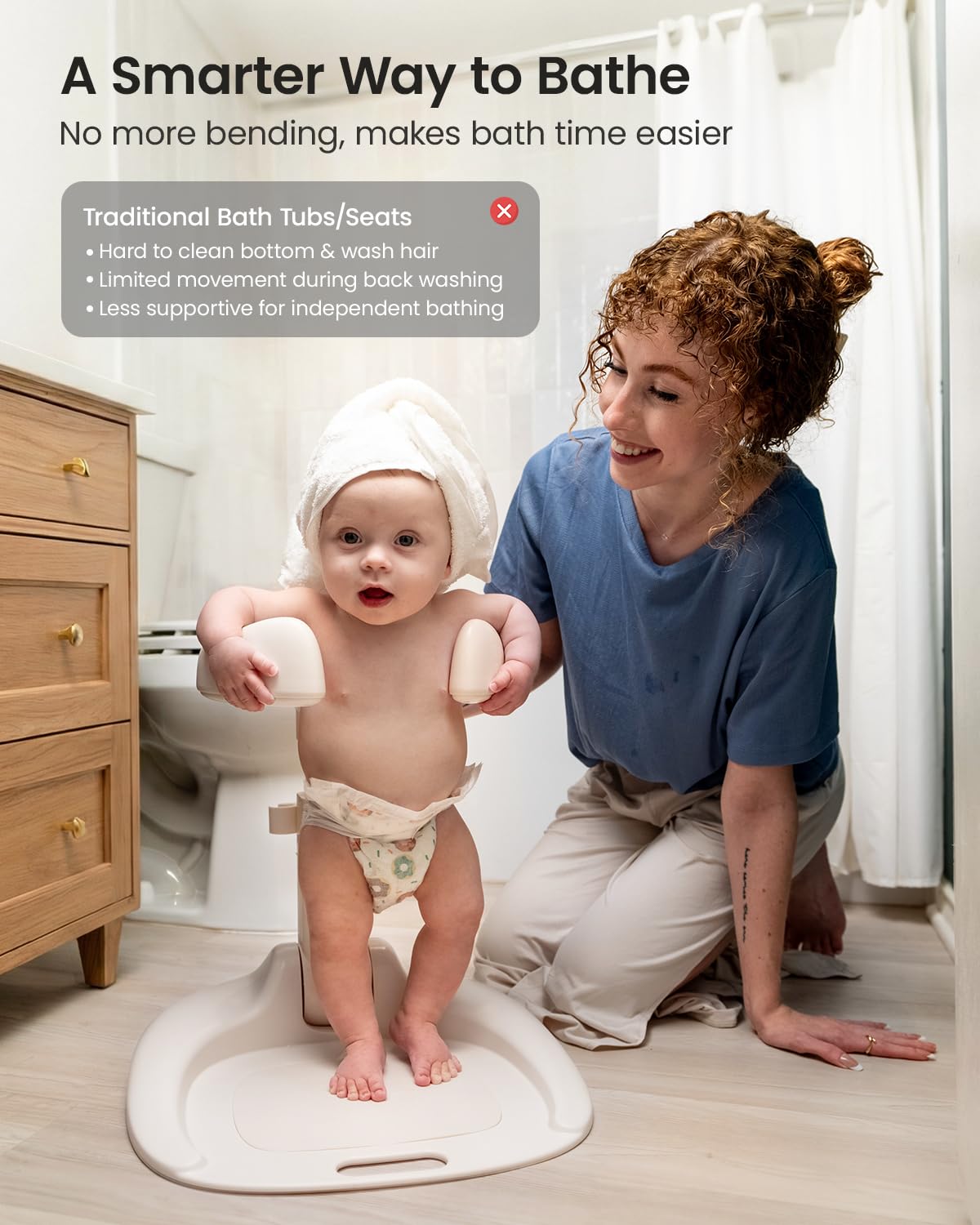 GROWNSY Support de bain et support de douche pliable pour bébé de 6 mois et plus | 8 réglages de hauteur et accoudoirs arrondis réglables, coussinets antidérapants, support de douche intégré, matériau ABS
