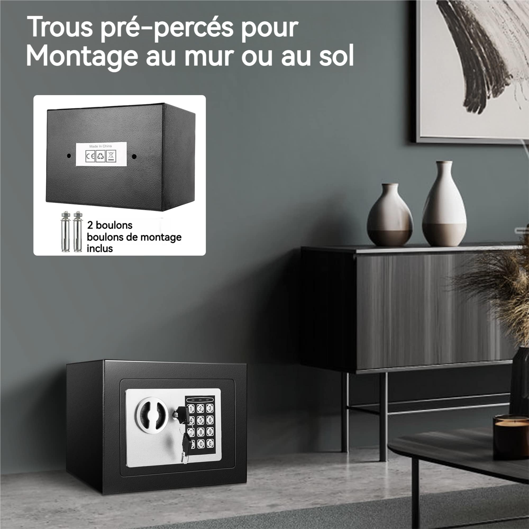 6,5L Coffre Compact Ignifuge et Étanche – Coffre-fort Électronique pour Armoire avec Double Boulons en Acier, Revêtement en Velours et Clés d'Urgence, 23 x 17 x 17 cm