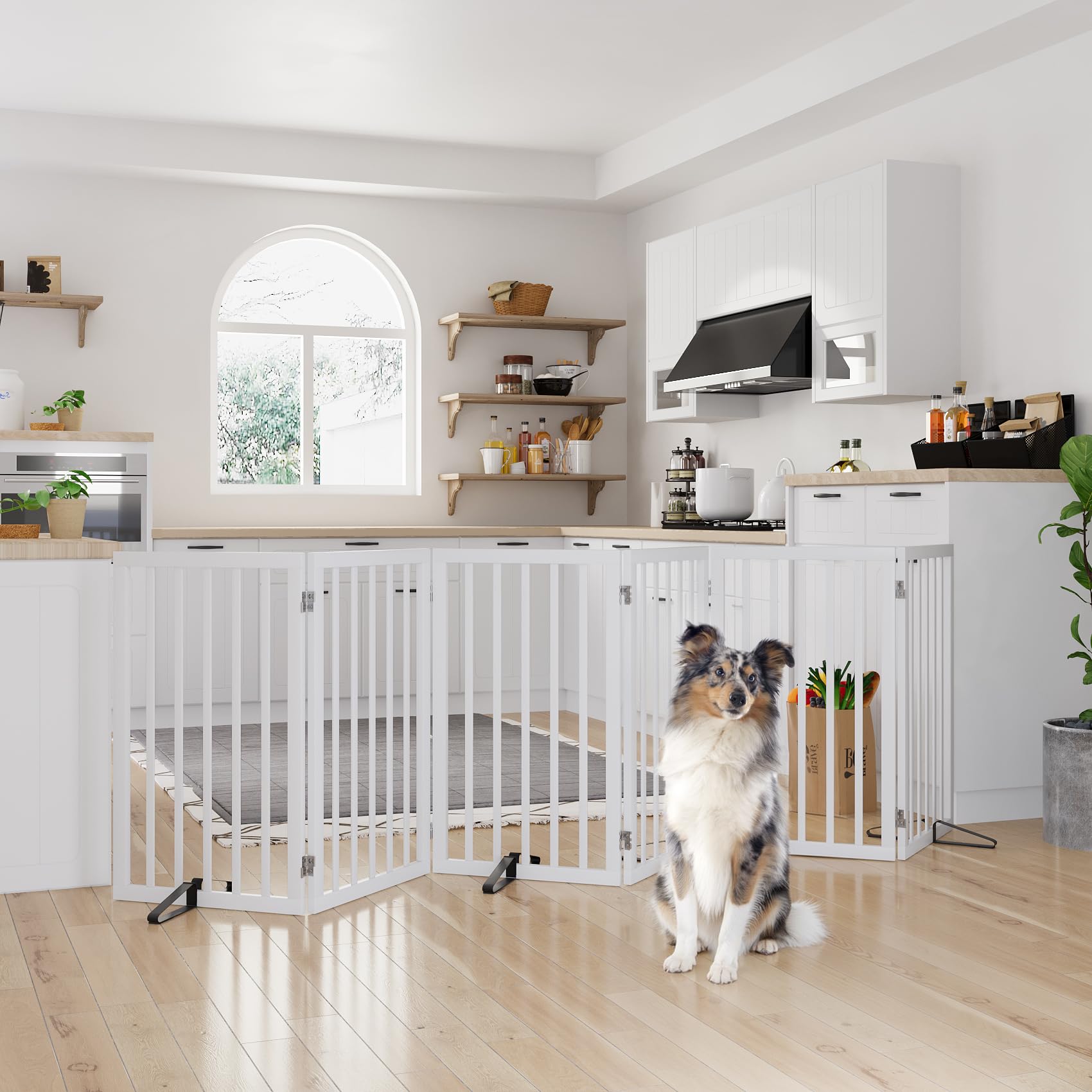 Semiocthome Bamboo Freestanding Dog Gates for Doorways, 2-Panel Indoor Puppy Gates for The House with 2 Metal Stands, 60cm(H) Folding Pet Gate for Stairs Expands Up to 94cm(W) Walnut — view 44