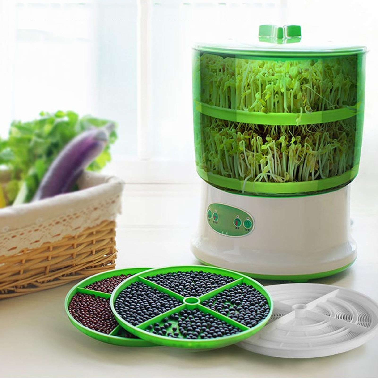 Machine à Germes de Haricots, 3 Couches, Contrôle Automatique, Kit de Germination de Graines, Taille Compacte, Grande capacité, Usage Familial, Cuisine (Prise UE 220V)