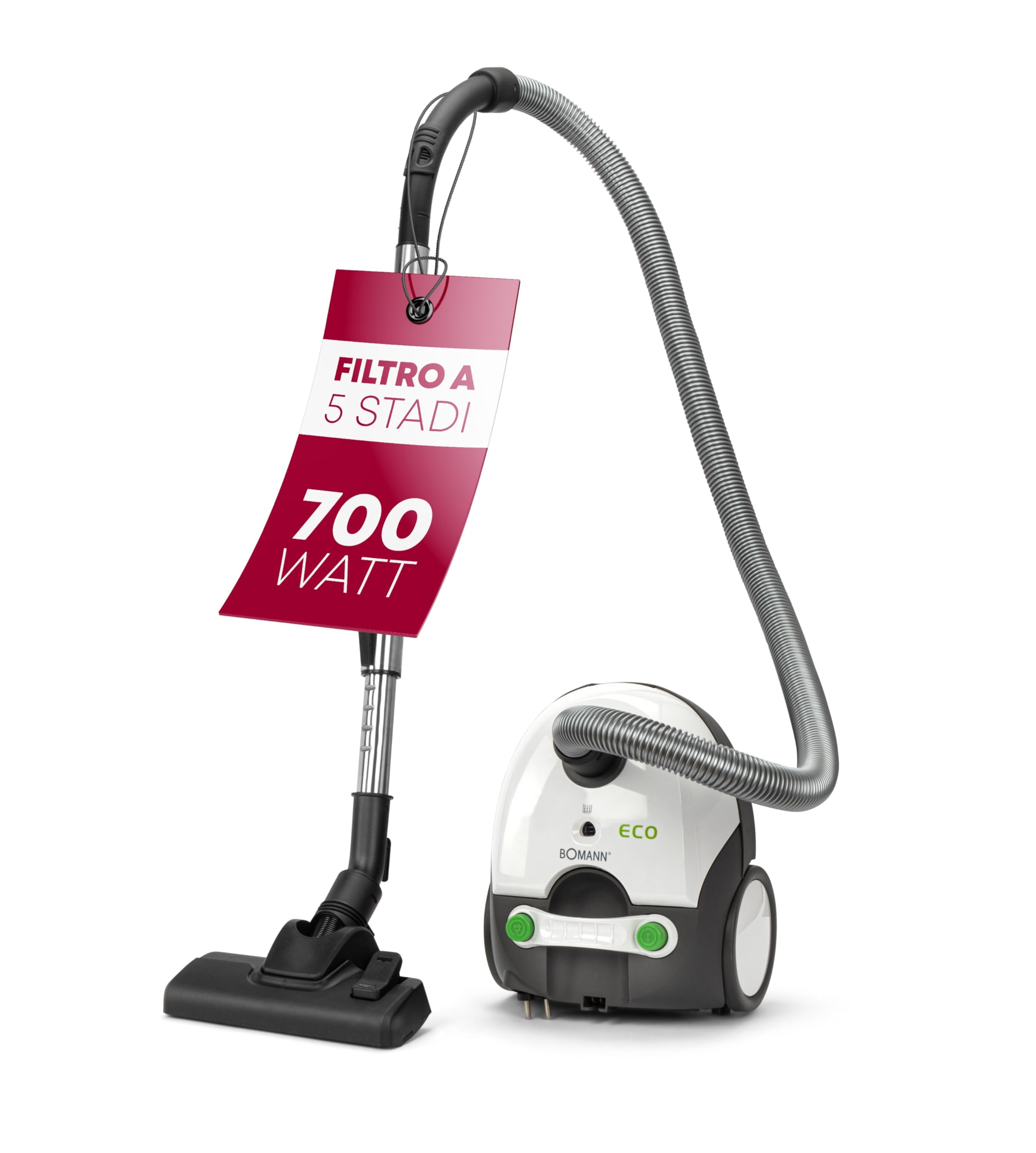 Bomann® aspirapolvere con filo, aspirapolvere, con sacco e sistema filtro 5 livelli - tubo telescopico in acciaio, spazzola pavimenti e bocchetta, 700 W, BS 9019 CB N bianco