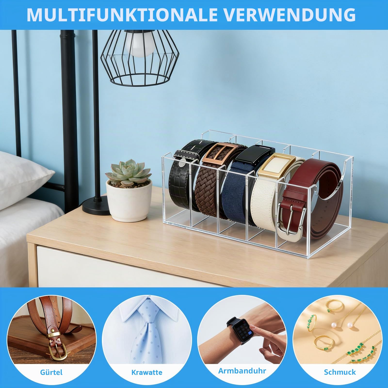 Gürtel Aufbewahrung, 5 Fächer Acryl Gürtel Organizer, Transparente Vitrine | Gürtelhalter für Herren, Transparente Box für Accessoires, Krawatten, Uhren, Schmuck, Schrank, Schublade und Display
