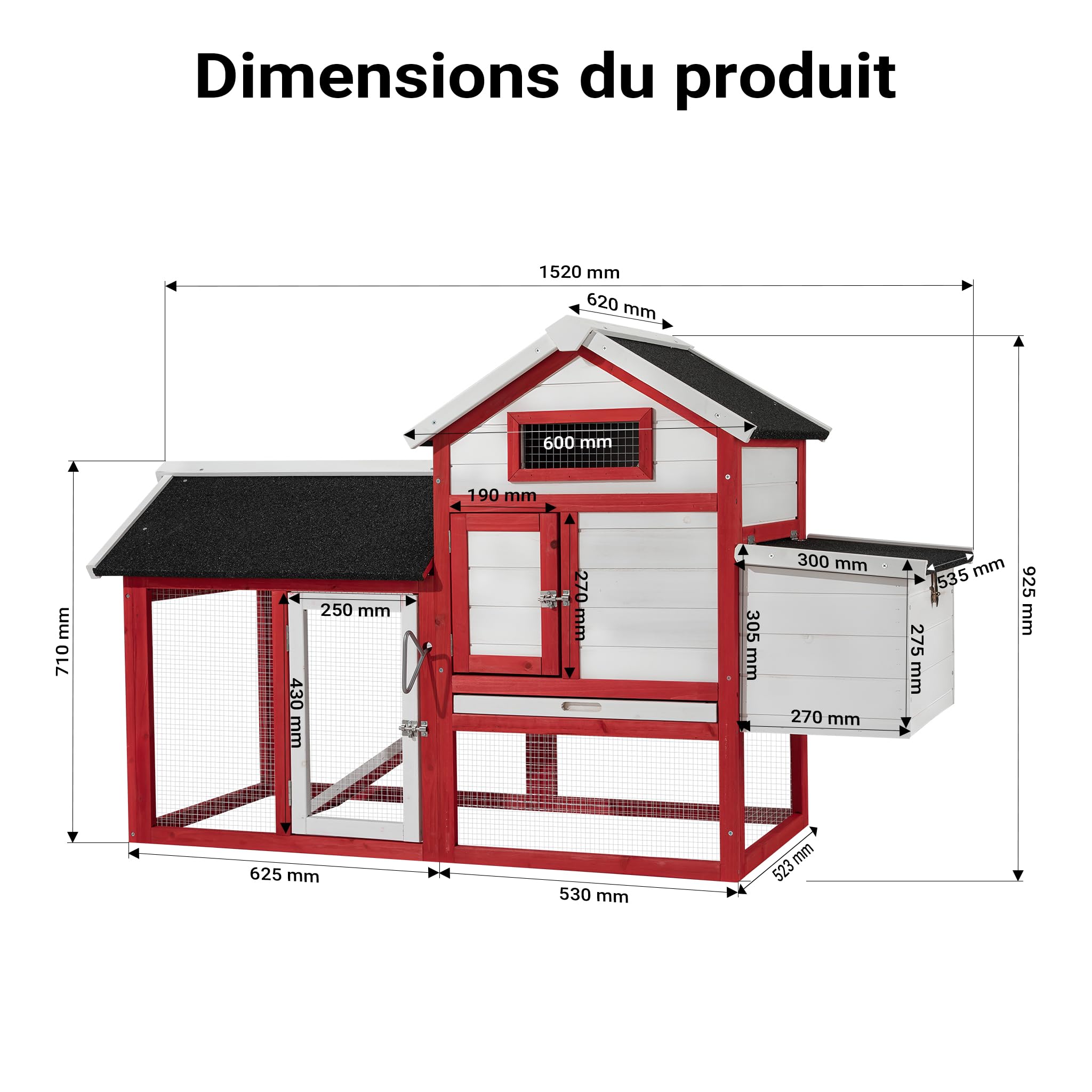 Wiltec Poulailler avec Nichoir, Enclos & Pondoir – 1155 x 520 mm – en Bois Sapin – Toit bitumé – avec Grillage et Bac à crottes – Maison pour Petits Animaux, Poules, volaille Clapier