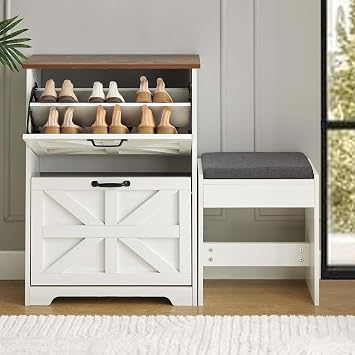 White Shoe Storage Cabinet with 2 Flip Drawers, Entryway Slim Shoe Rack Cabinet, Freestanding Hidden Storage Rack with Bench