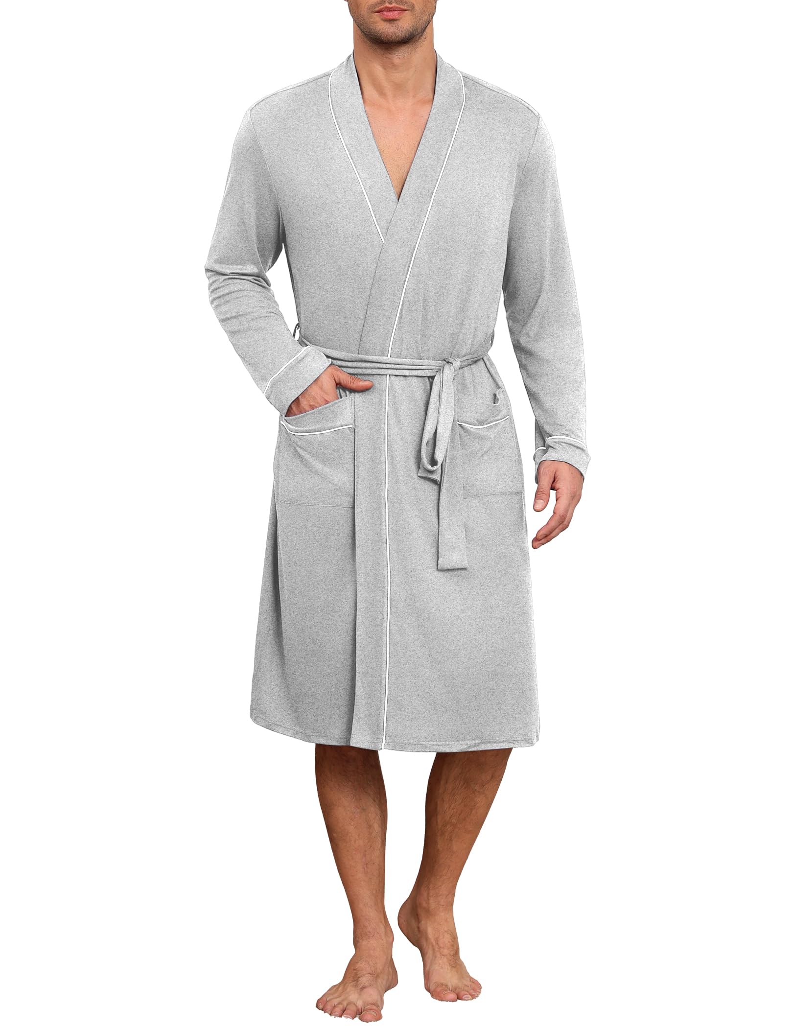 Ekouaer Mens Robes Lightweight Knit Bathrobe Long Sleeve Kimono Robe V Neck Spa Knee Length Sleepwear with Pockets