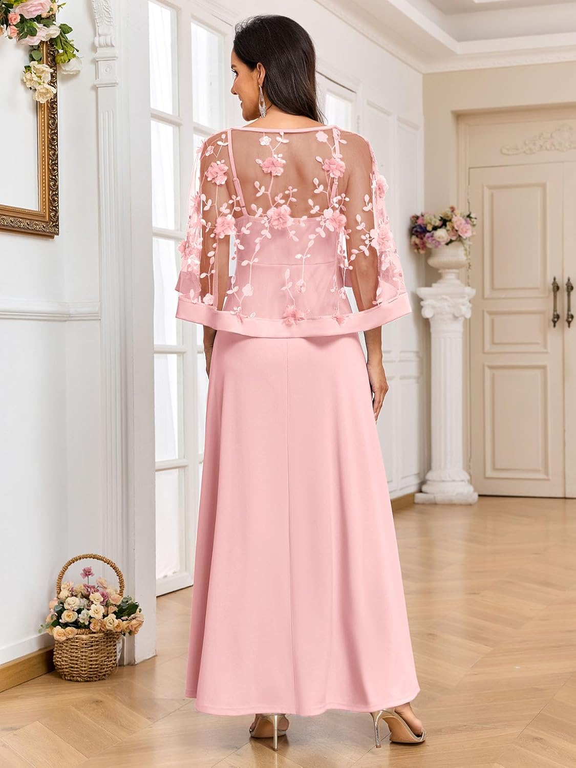 AISWI 2PCS Maternity Dress with 3D Floral Mesh Cape Flowy A-Line Maxi Evening Gown for Baby Shower Photoshoot Formal