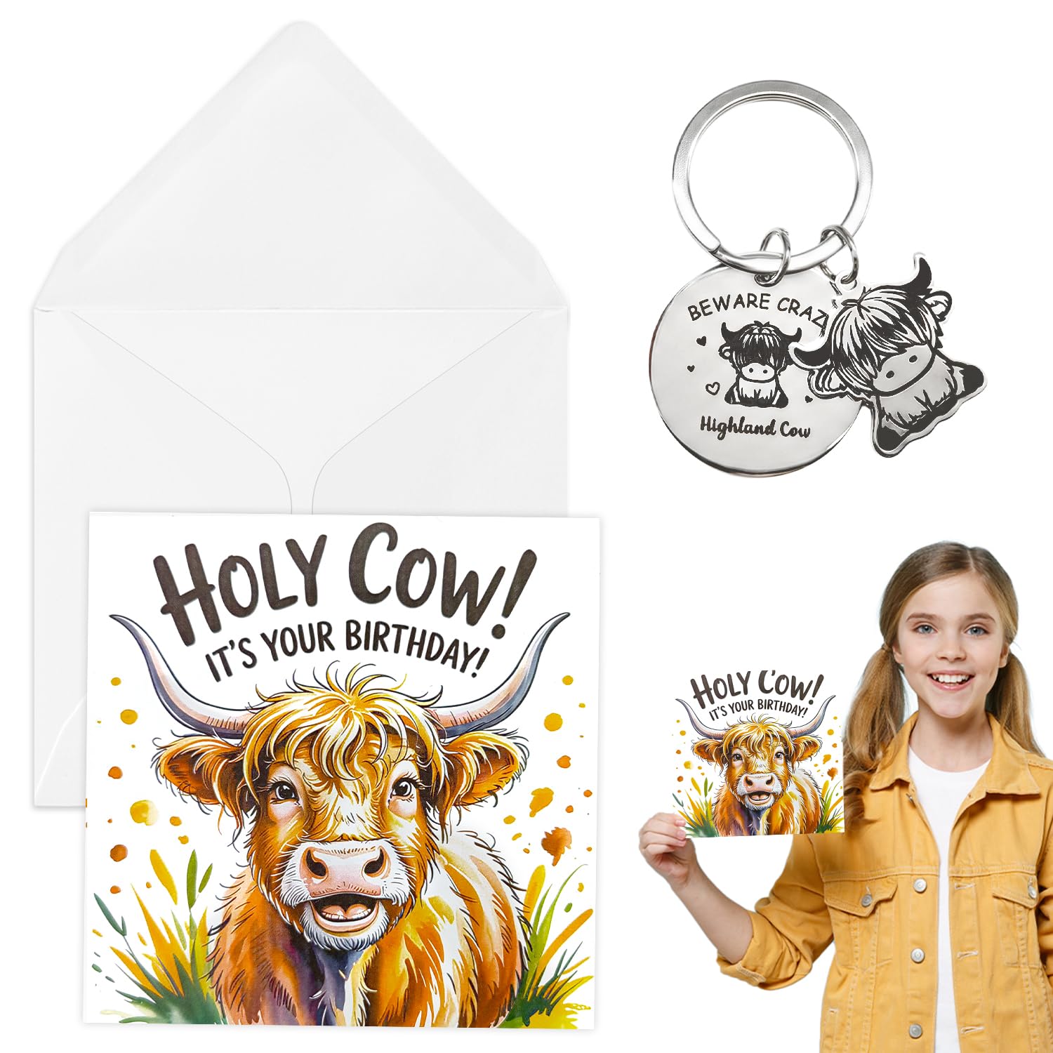 Highland Cow Card, Funny Birthday Card With Keychain Highland Cow Birthday Card with Envelope Cow Gifts for Women Mum Wife Daughter Sister Father Son Brother Friend (Set C)