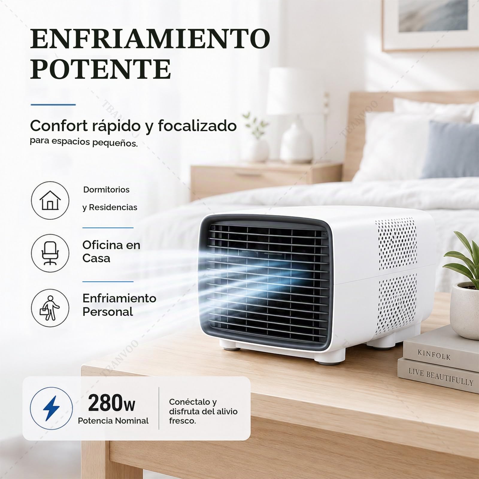 3000BTU Aire Acondicionado Portátil, 280W Bajo Consumo, Enfría, Ventila y Deshumidifica, Pantalla Táctil Inalámbrica, Ultra-Silencioso para Caravana, Camping y Estudio de Cocina