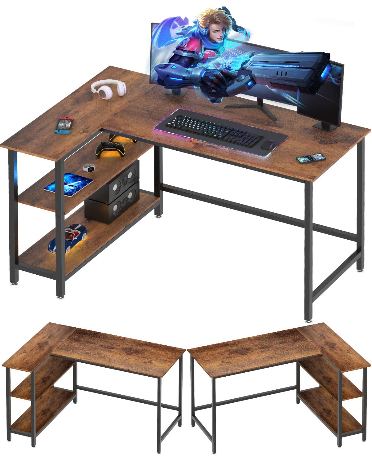 L Shaped Desk with Storage, 108cm Computer Desk with Shelf, Reversible Gaming Desk, Corner Table, Rustic Brown