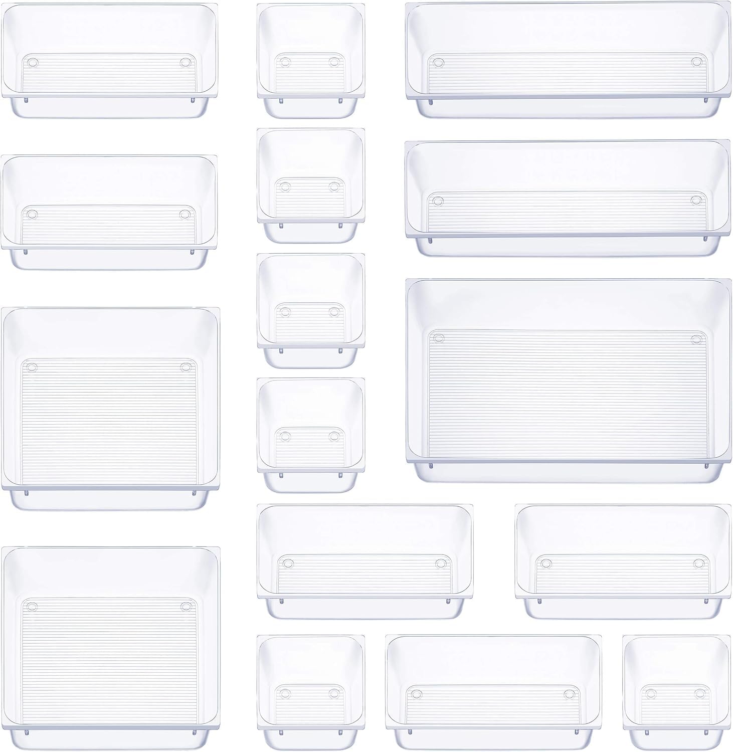 Clear Plastic Drawer Organizers Set, 5-Size Versatile Bathroom and Vanity Drawer Organizer Trays, Storage Bins for Makeup, Bedroom, Kitchen Gadgets Utensils and Office (Pack of 16)