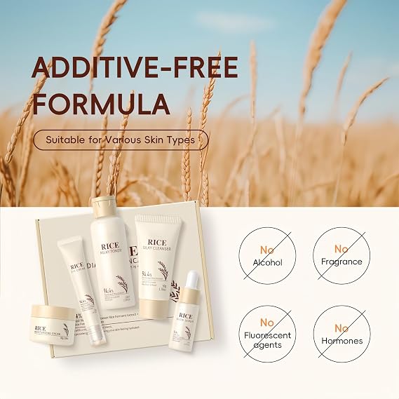 Rice Raw Pulp Skincare Set - Rice Cleanser, Toner, Serum, Cream & Eye Cream for Glass Skin, Korean Beauty Facial Kit for Women - Glowing Skin Gift Set, 5PCS