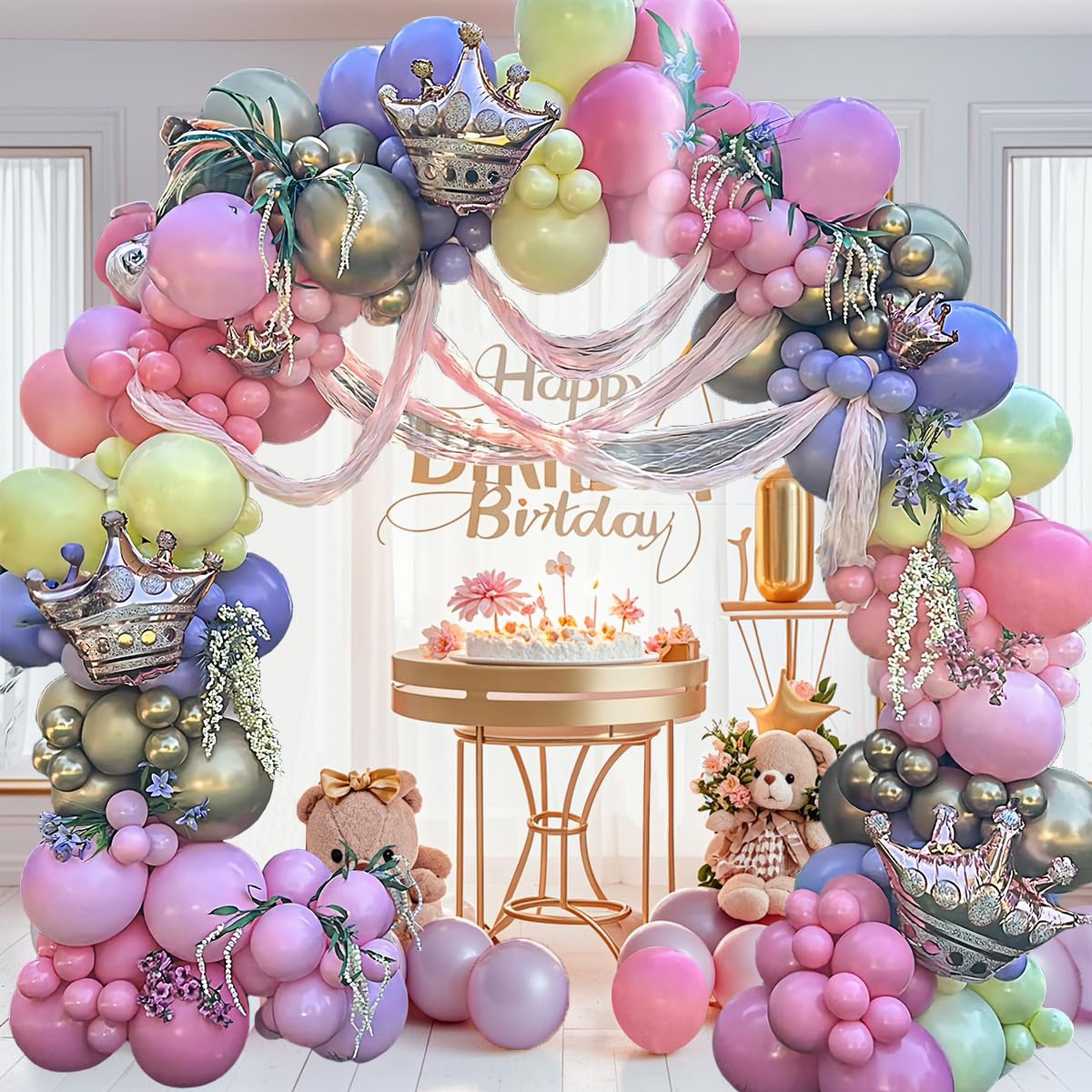 Princess Balloon Arch Garland Kit, 157Pcs Pink Purple Yellow Gold Balloons with Crown Foil Balloon for Girls Birthday Baby Shower Fairytale Theme