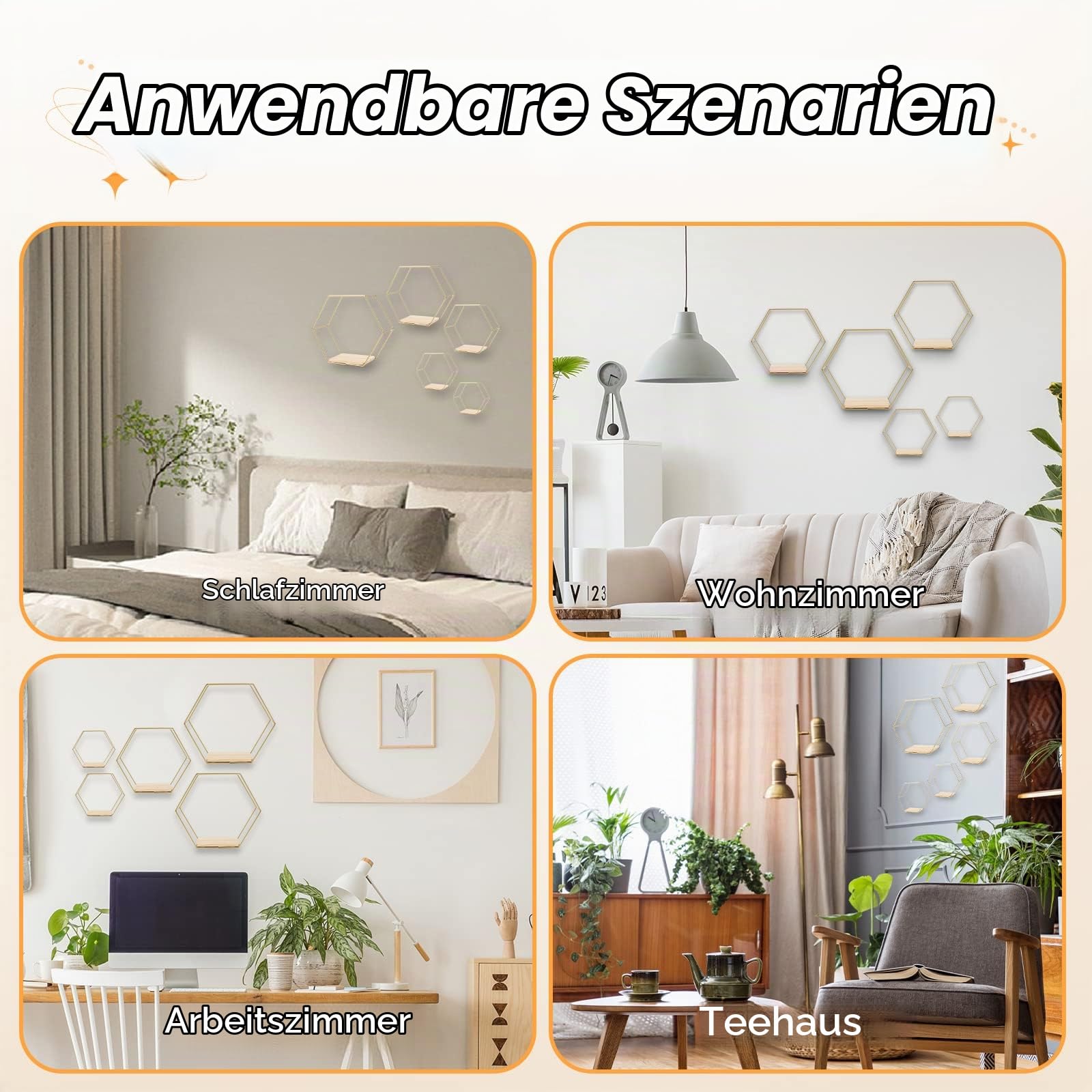 panthem Hexagon Wandregal Metall 5er Set, Gold Deko Hängeregal Loft Wandregale, Wand Regal für Wanddeko in Wohnzimmer, Schlafzimmer, Bad, Café und Hotel