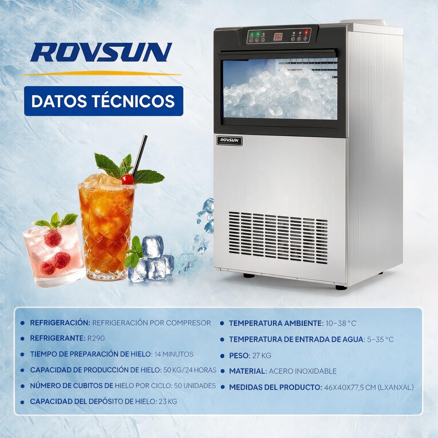 ROVSUN Máquina para Hacer Hielo 50KG/24H, Cubitos 5x10, Cuerpo Acero Inoxidable, Uso Comercial, para Restaurante, Hotel, Bar y Eventos
