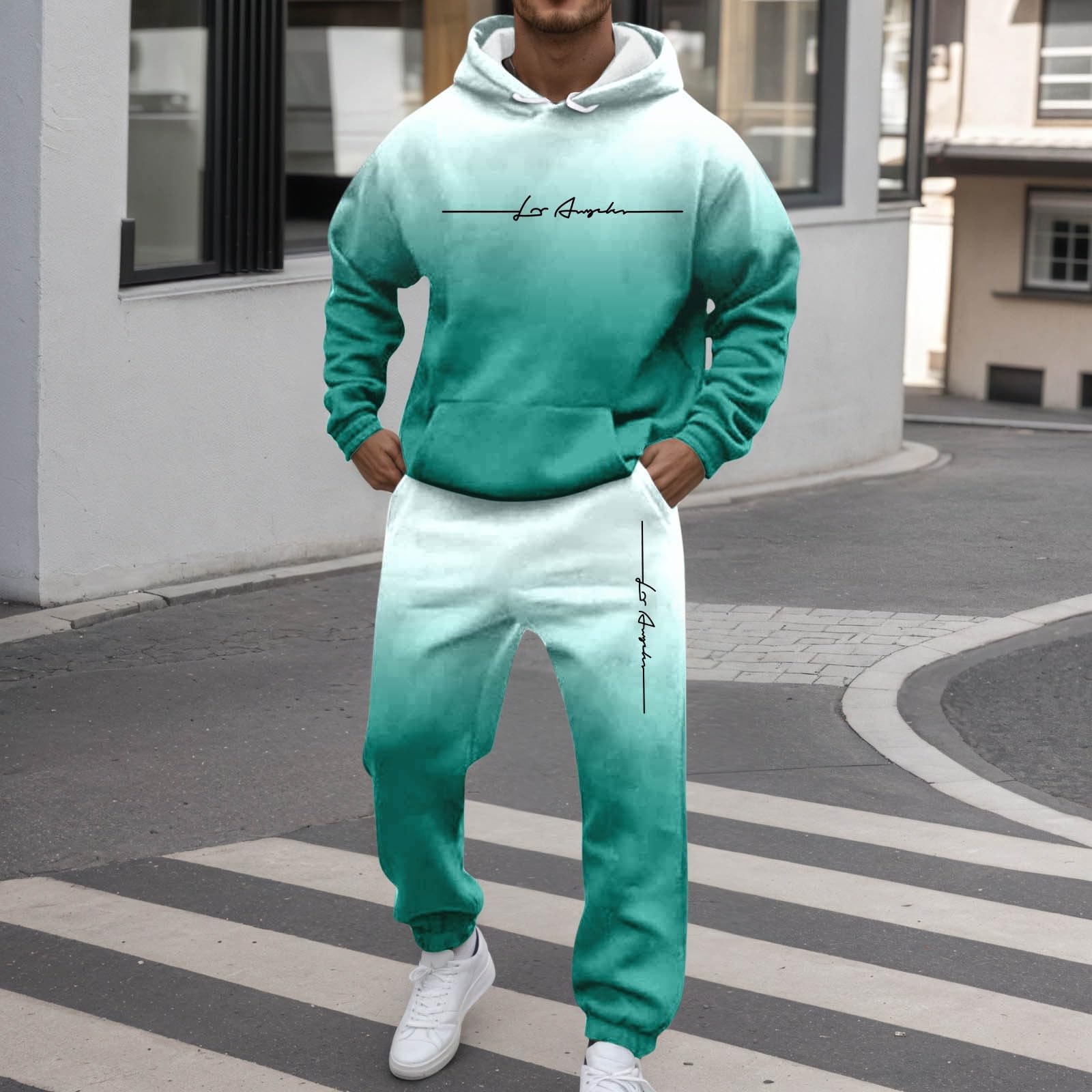 Męski dres do biegania, zestaw New York z logo, gradient kolorów Y2K, dres treningowy z kapturem i spodnie do biegania, dwuczęściowy, z długim rękawem, dres sportowy z kieszeniami, wygodny zestaw do