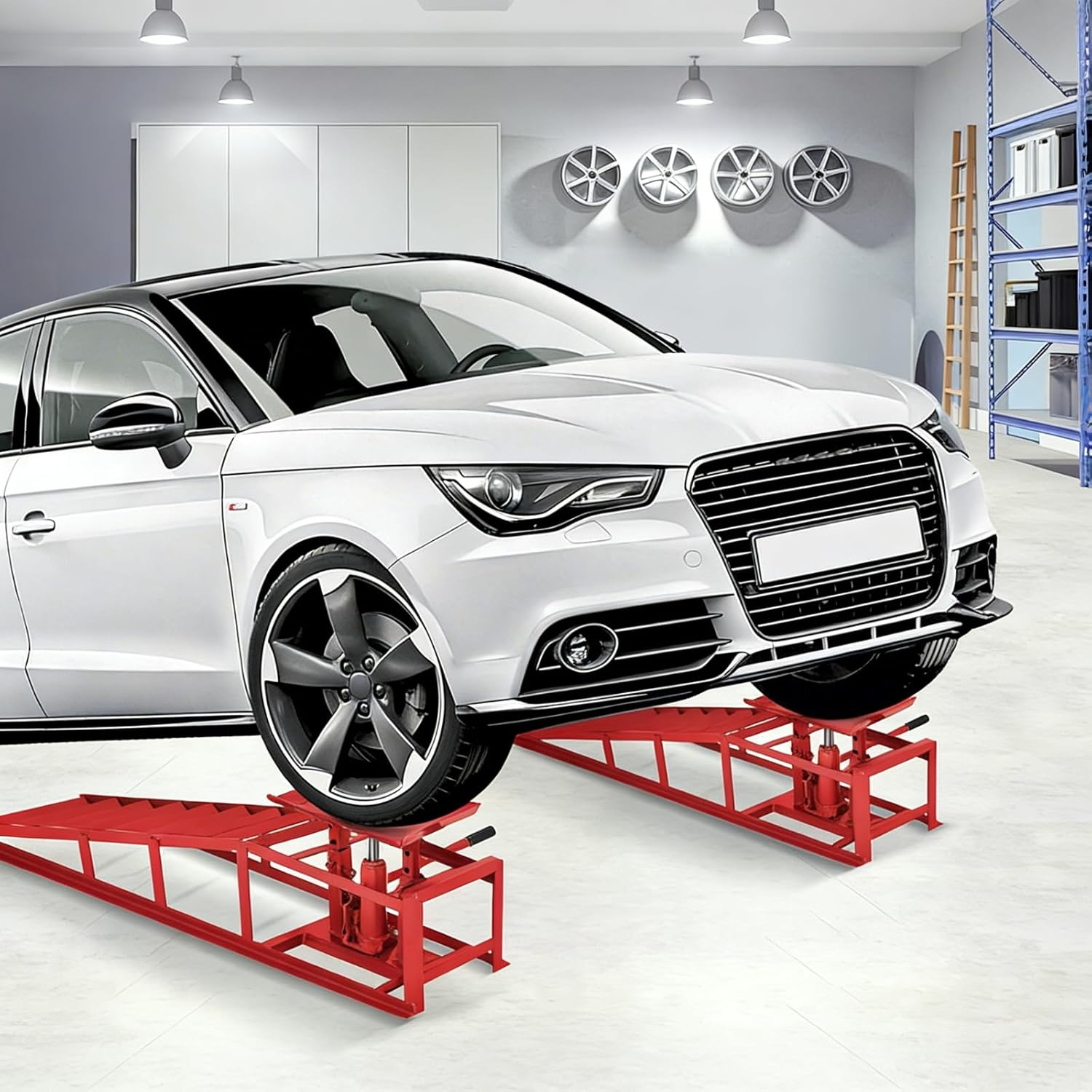 2 Pack 11000Lbs Capacity Hydraulic Car Ramps for Oil Changes - Heavy Duty Steel Low Profile Vehicle Ramps for Trucks, Trailers & Garage Auto Repair