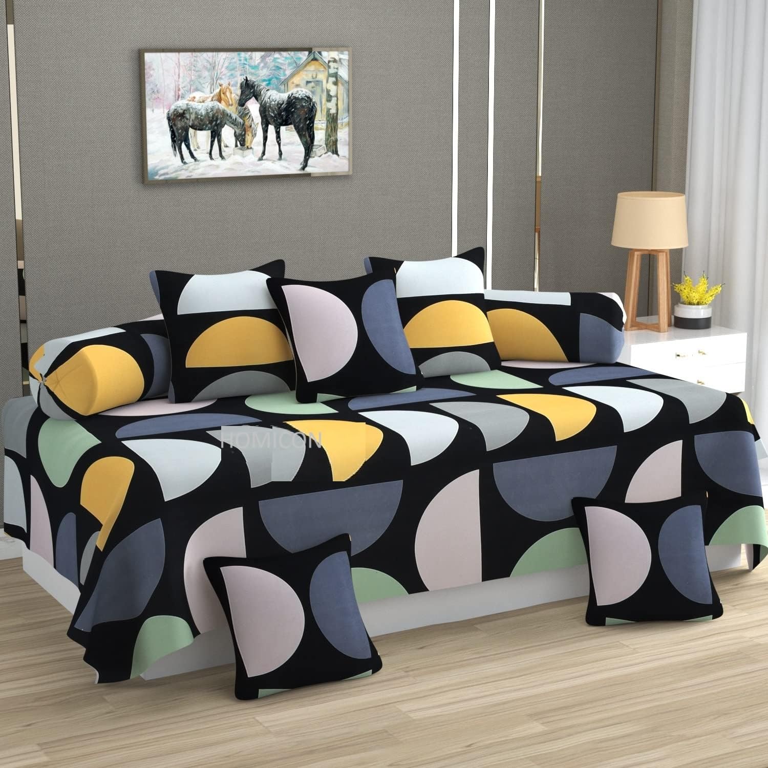 HOMICON Premium Glace Cotton 220 TC 8 Pieces Diwan Set with 1 Single Bedsheet,2 Bolster Cover and 5 Cushions Cover, Black Multi-image-47