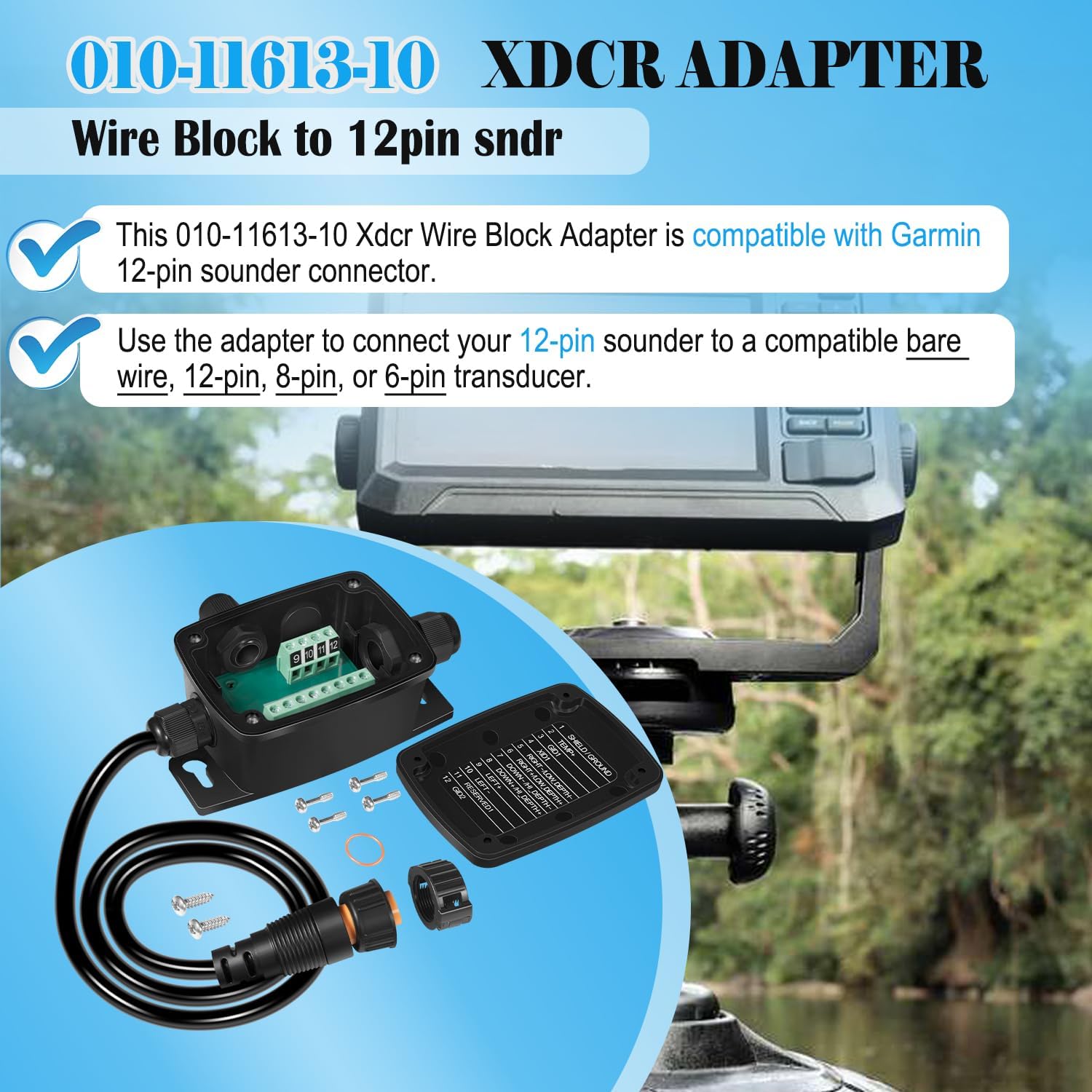 010-11613-10 Xdcr Adapter, Wire Block to 12pin sndr Compatible with Garmin 12-pin Sounder Connector & Transducer, for GPSMAP 7607xsv, GPSMAP 7608xsv, GPSMAP 7610xsv, GPSMAP 7612xsv, GPSMAP 7616xsv