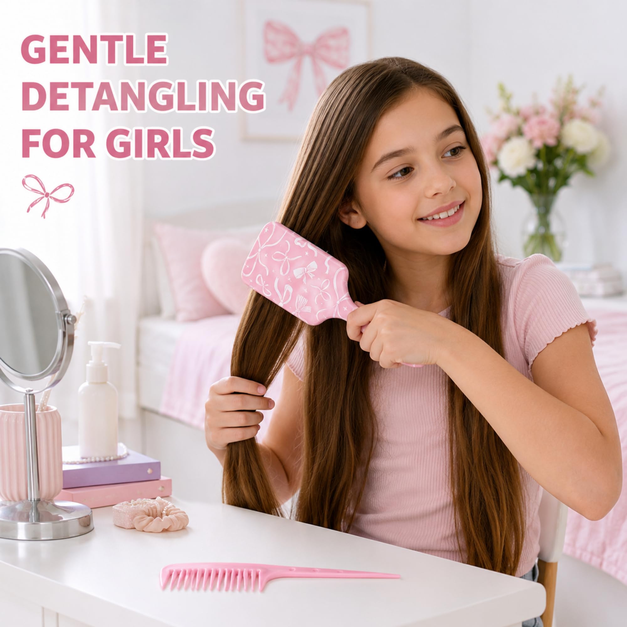 Weysat Coquette - Juego de cepillo para el pelo y peine de cola desenredante rosa, estampado de lazo, antiestático, cojín de aire, peine de dientes anchos para mujeres y hombres, desenreda todo el