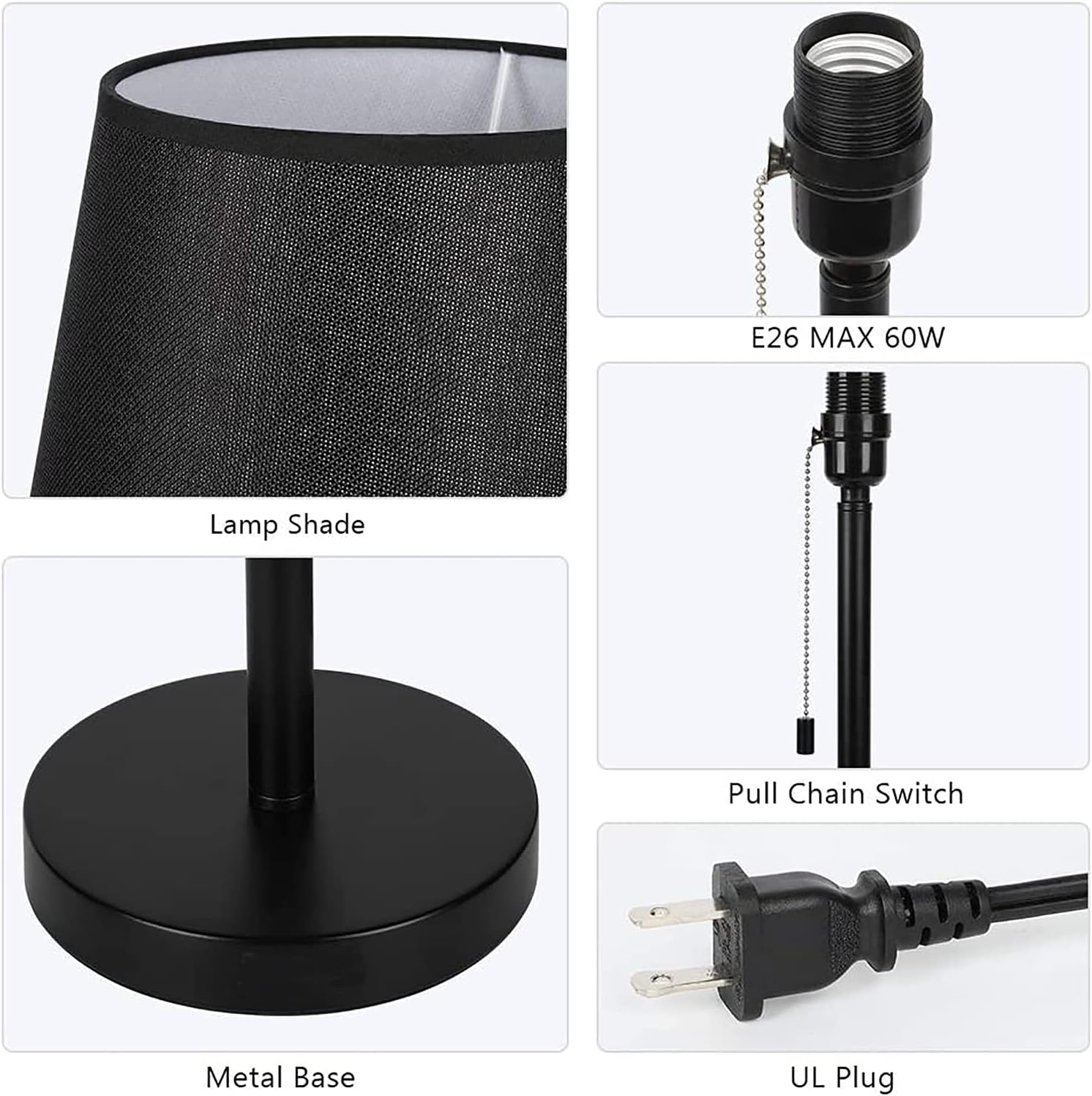 HAITRAL Bedside Table Lamps - Modern Nightstand Lamps Set of 2 for Bedroom, Dorm, Living Room with Pull Chain Switch, Black