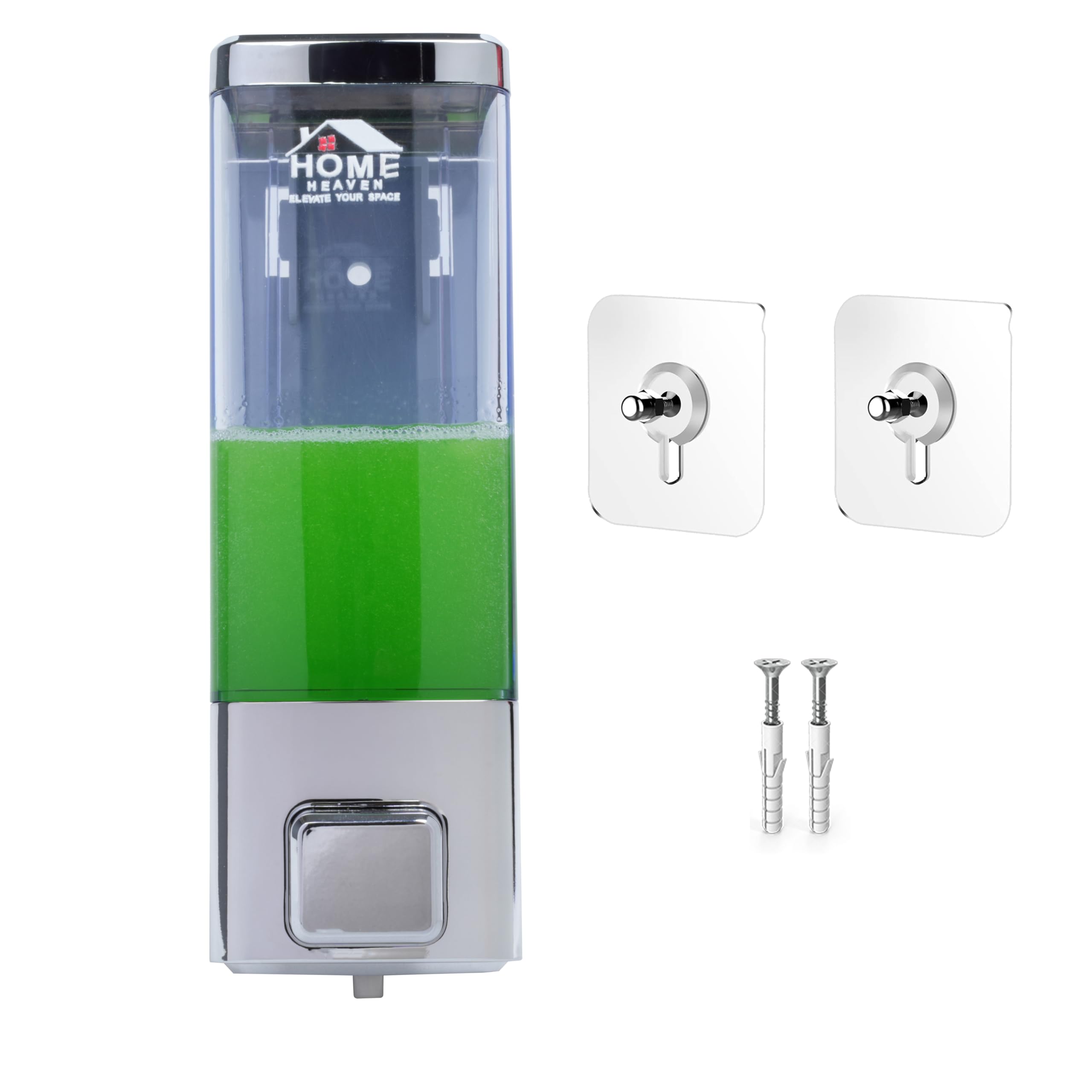 HOME HEAVEN Adhesive Wall-Mounted 350ml Chrome Liquid Dispenser – No-Drill Install – ABS Plastic for Soap Shampoo Conditioner Hand Wash Gel Sanitizer – Bathroom Kitchen Sink Basin (Single Pack)