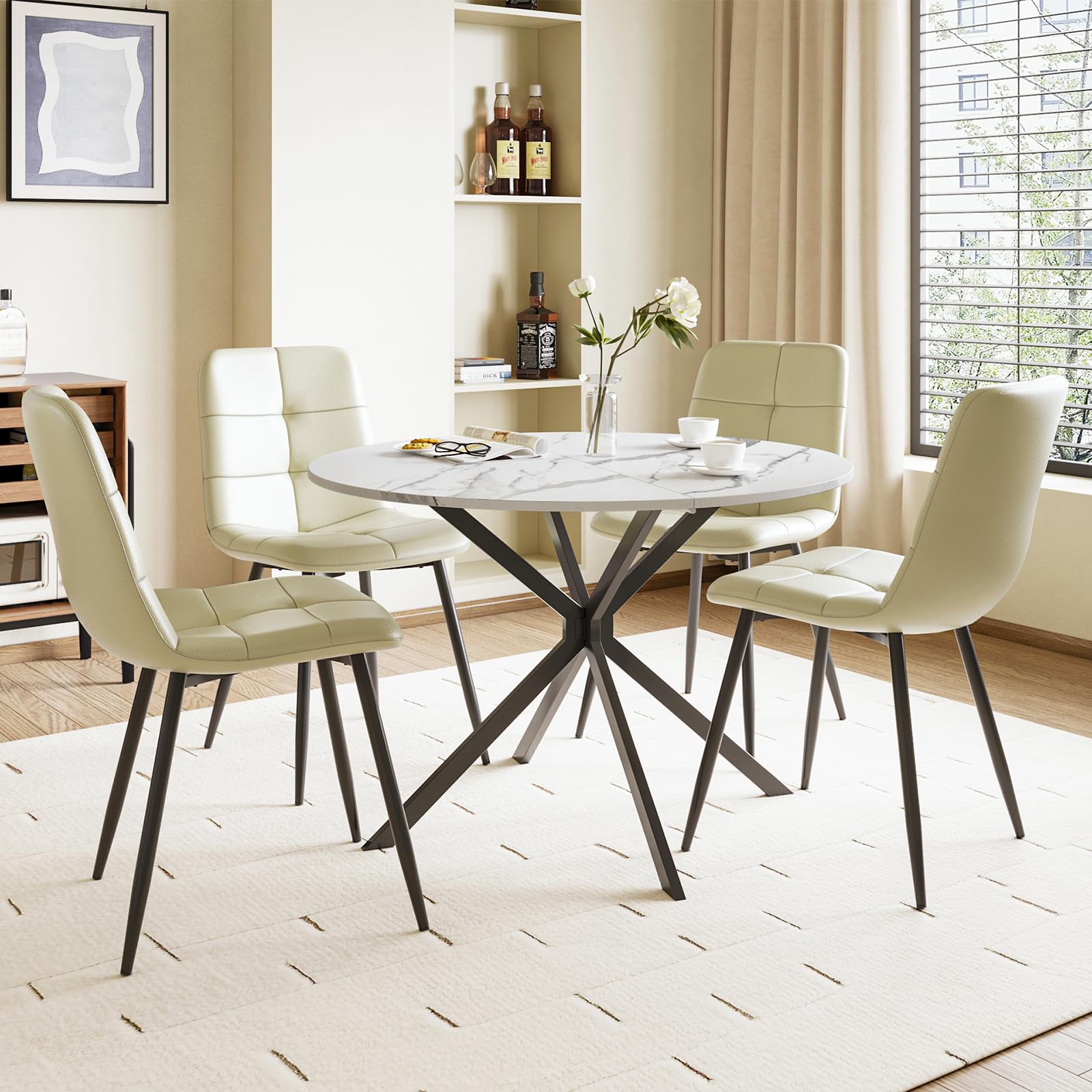 Luxstein Round Dining Table and Chairs Set 4, 100cm Marble Folding Table with 4 Beige Upholstered PU Leather Chairs for Dining Room, Kitchen โ image 1