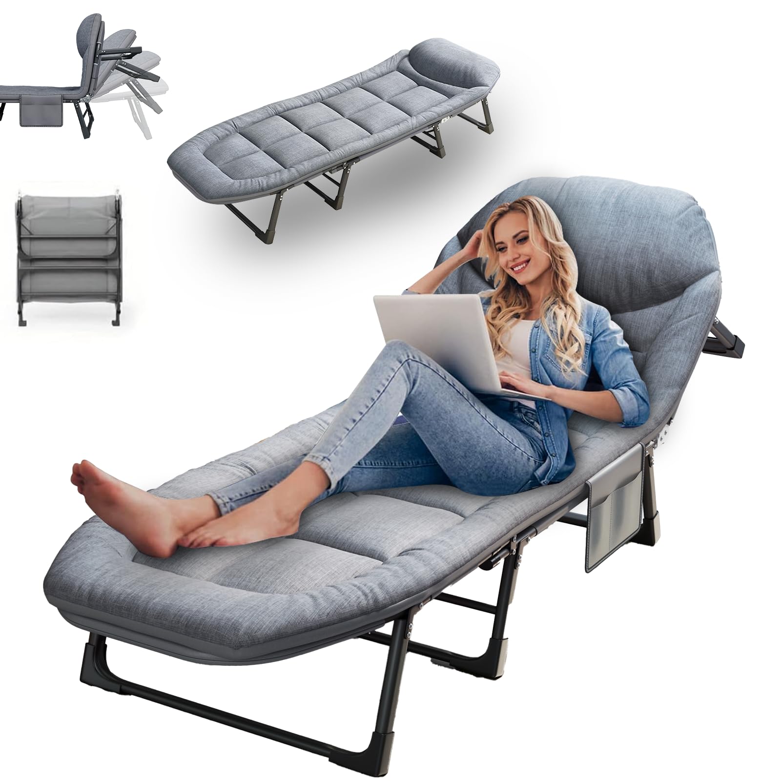 SnozeFlex Chaise Lounge Chair, Folding Cot, 6-Angle Adjustable Camping Cot with Mattress for Patio and Beach, Foldable Bed Portable Heavy Duty Lay Flat Reclining with Pillow (Gray, M - 70'')