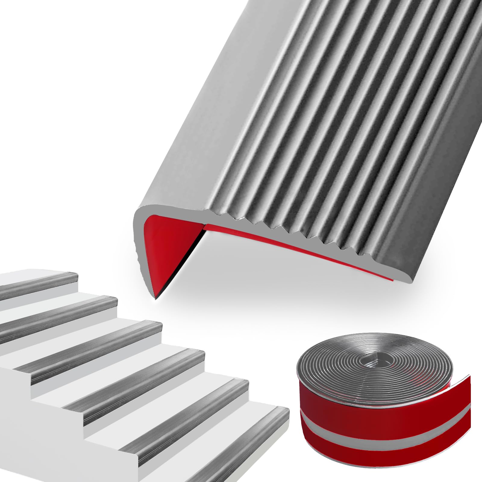 SDLDEER 3 Meters Stair Nosing Edge Trim, 50 x 25 MM L-Shape Peel and Stick Stair Treads Self-adhesive Staircase Step Edge Protector Flexible Rubber Edging Strip for Outdoor Indoor Floors, Gray