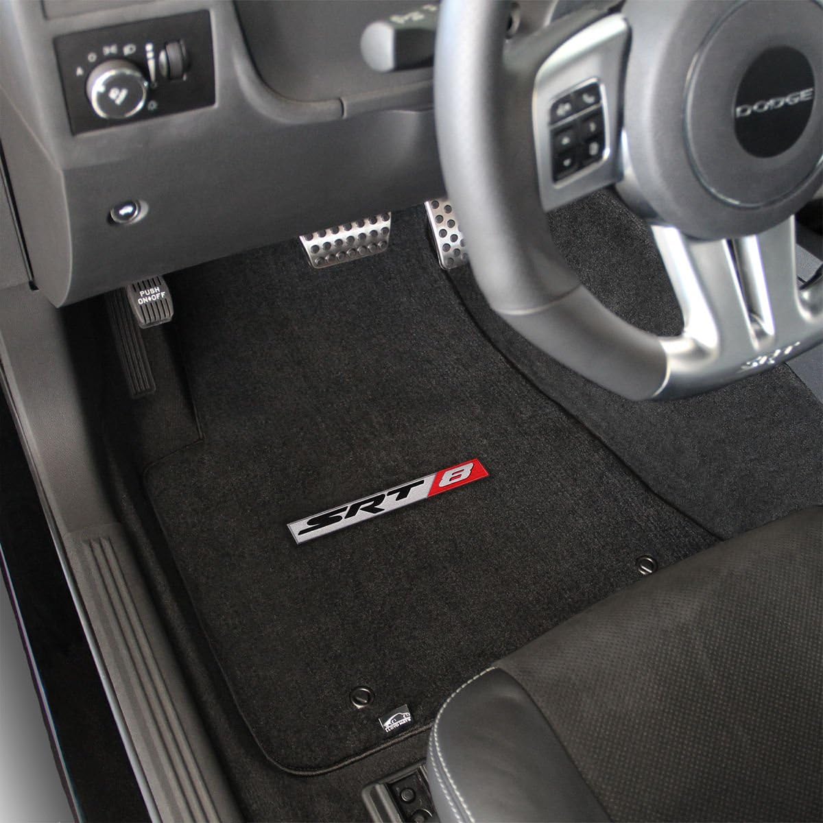 Fits 2011-2014 Dodge Challenger 2pc Ebony Black Front Floor Mats with SRT-8 Logo in Red & Silver